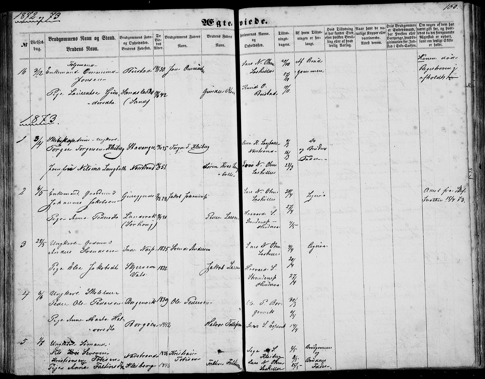 Nedstrand sokneprestkontor, AV/SAST-A-101841/01/IV: Parish register (official) no. A 9, 1861-1876, p. 160