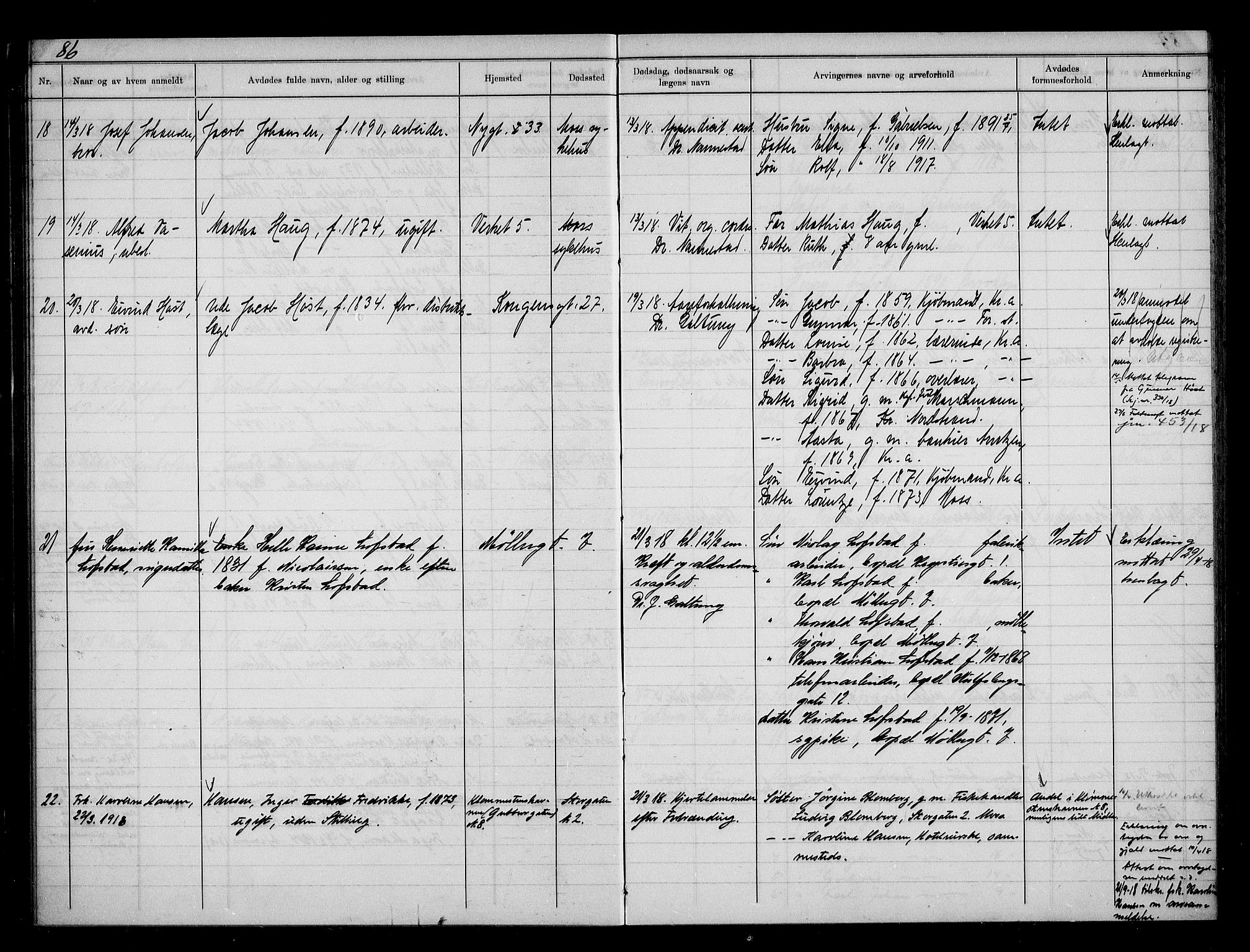 Moss byfogd, AV/SAO-A-10863/H/Ha/Hab/L0005: Dødsanmeldelsesprotokoll, 1914-1920, p. 86