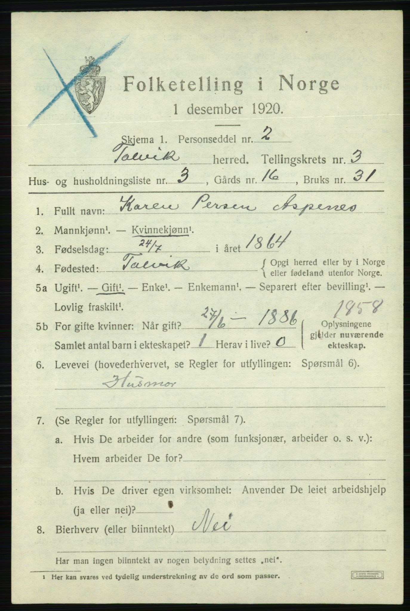 SATØ, 1920 census for Talvik, 1920, p. 2198
