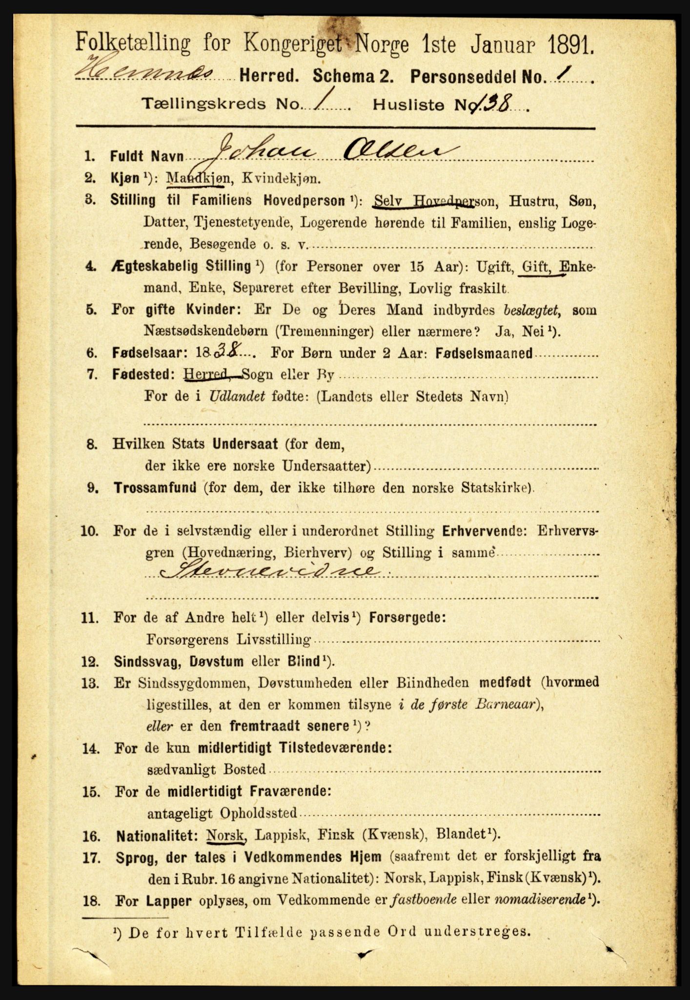 RA, 1891 census for 1832 Hemnes, 1891, p. 1026