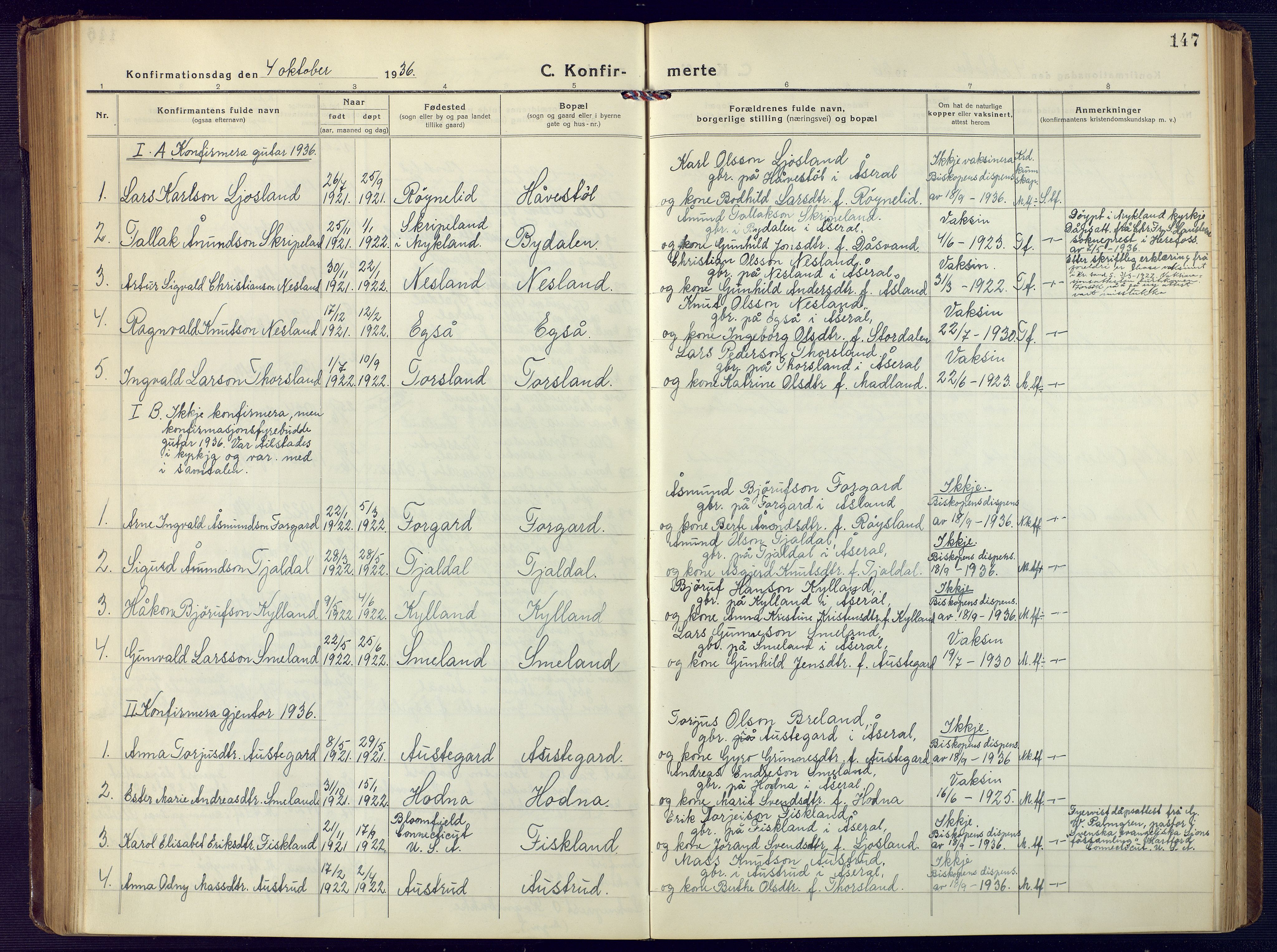 Åseral sokneprestkontor, AV/SAK-1111-0051/F/Fb/L0004: Parish register (copy) no. B 4, 1920-1946, p. 147