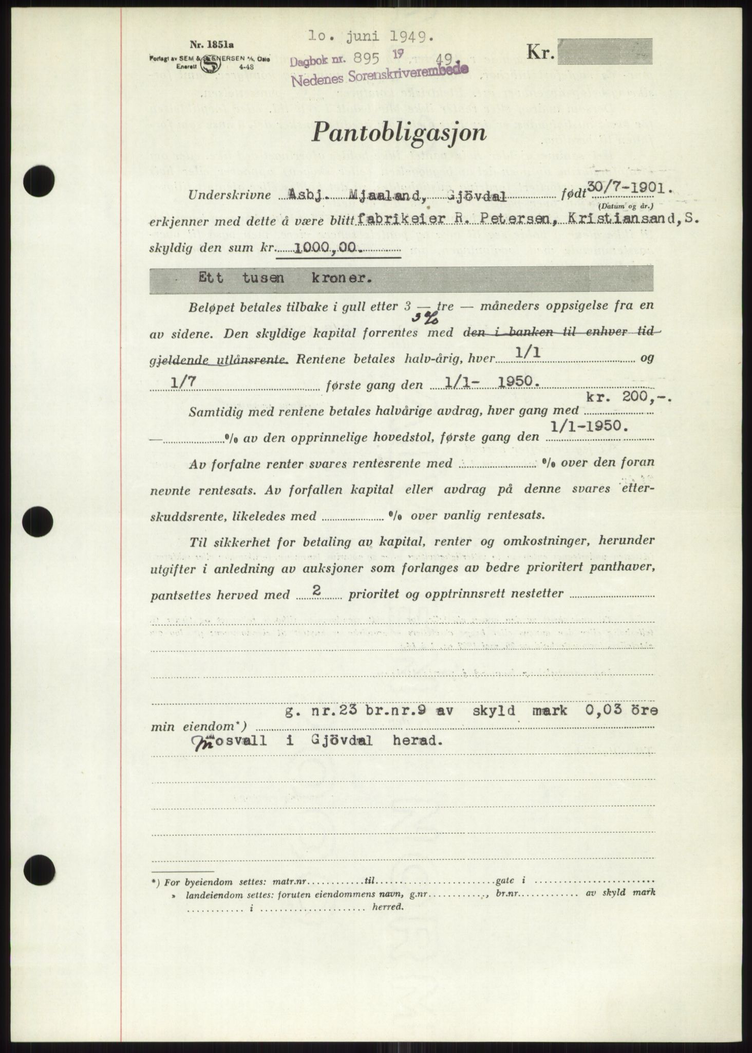 Nedenes sorenskriveri, SAK/1221-0006/G/Gb/Gbb/L0006: Mortgage book no. B6, 1948-1949, Diary no: : 895/1949