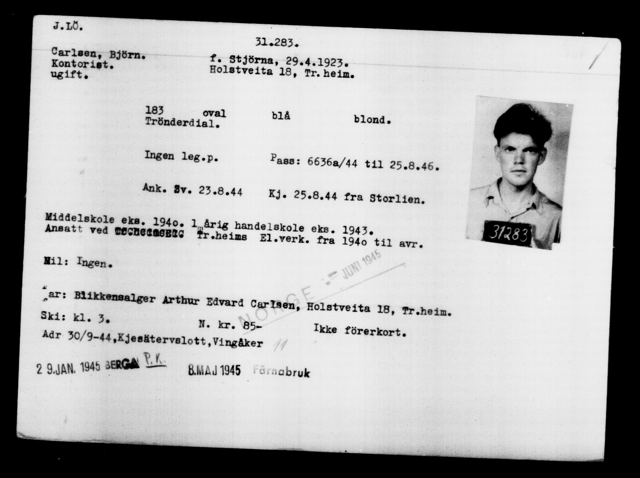 Utenriksstasjonene, Legasjonen i Stockholm, Flyktningkontoret, AV/RA-S-6753/V/Va/L0012: Kjesäterkartoteket, flyktninger med registreringsnr. 28300-31566, 1940-1945, p. 3230