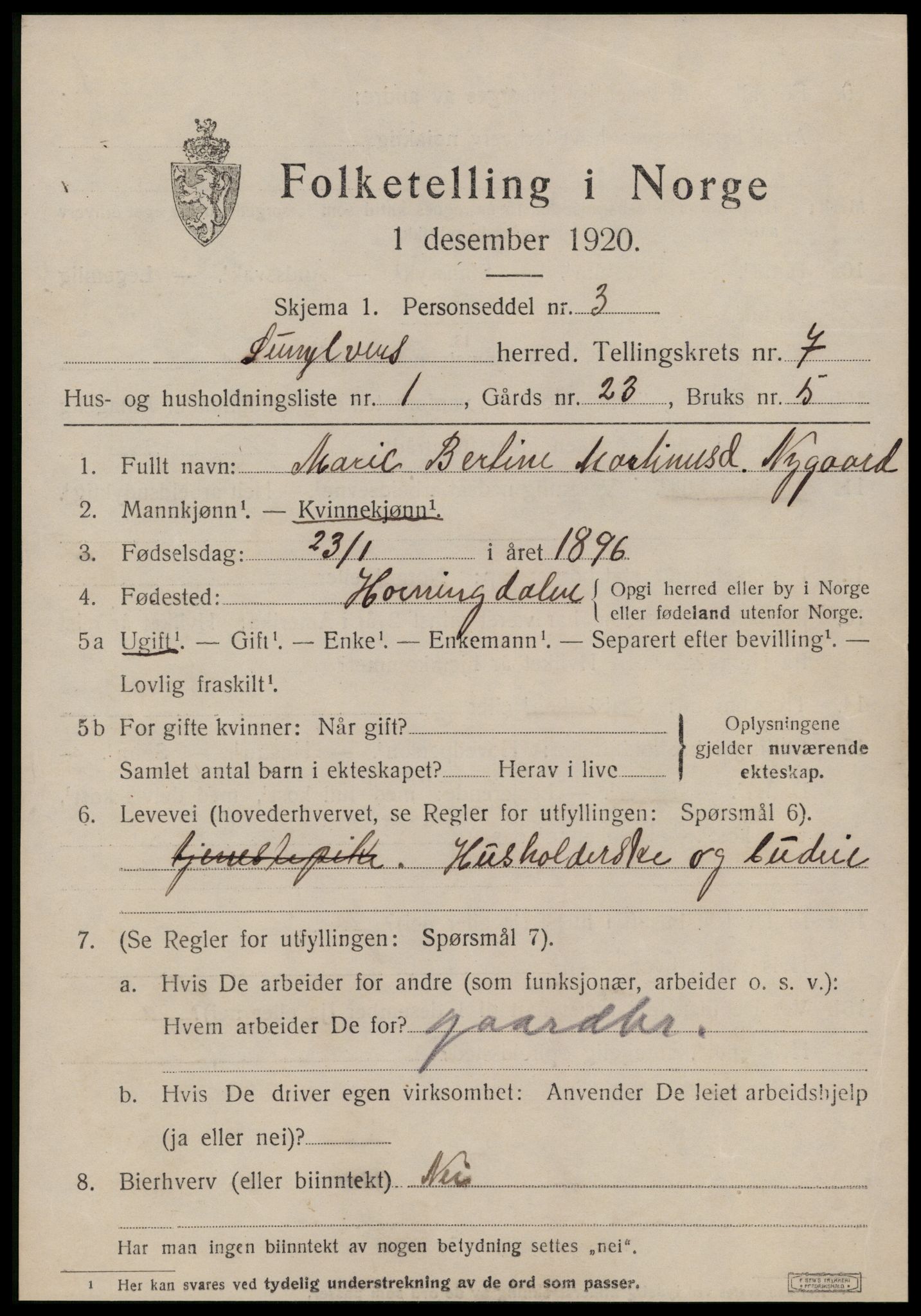 SAT, 1920 census for Sunnylven, 1920, p. 2542