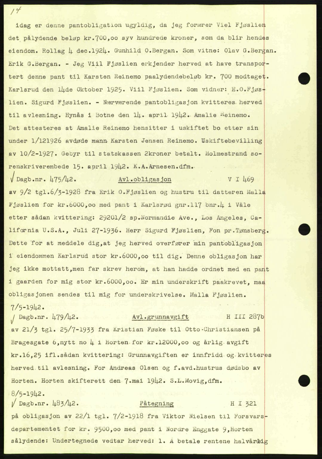 Horten sorenskriveri, SAKO/A-133/G/Ga/Gab/L0003: Mortgage book no. B-5 - B-6, 1941-1943, Diary no: : 475/1942