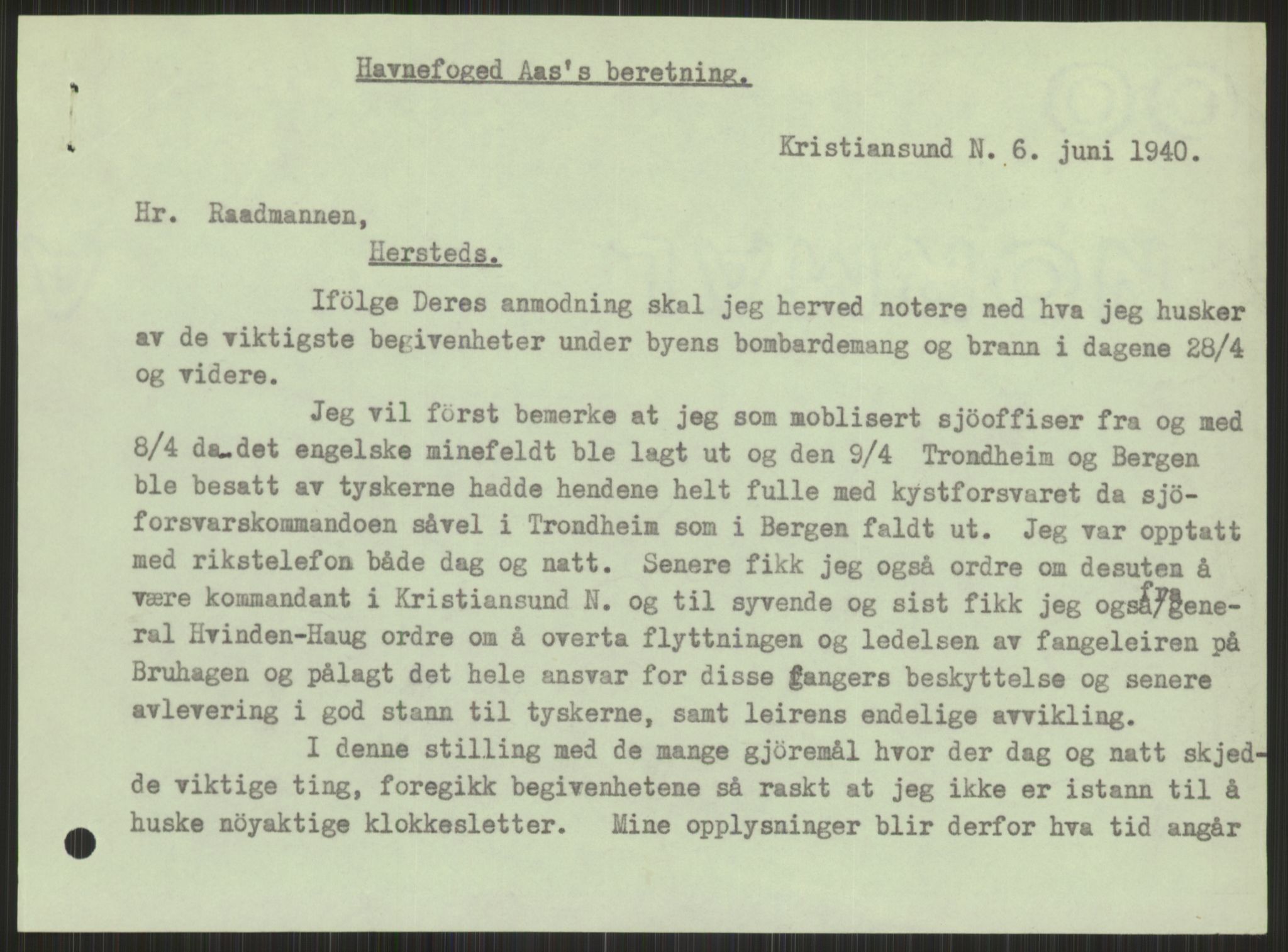 Forsvaret, Forsvarets krigshistoriske avdeling, AV/RA-RAFA-2017/Y/Ya/L0015: II-C-11-31 - Fylkesmenn.  Rapporter om krigsbegivenhetene 1940., 1940, p. 672