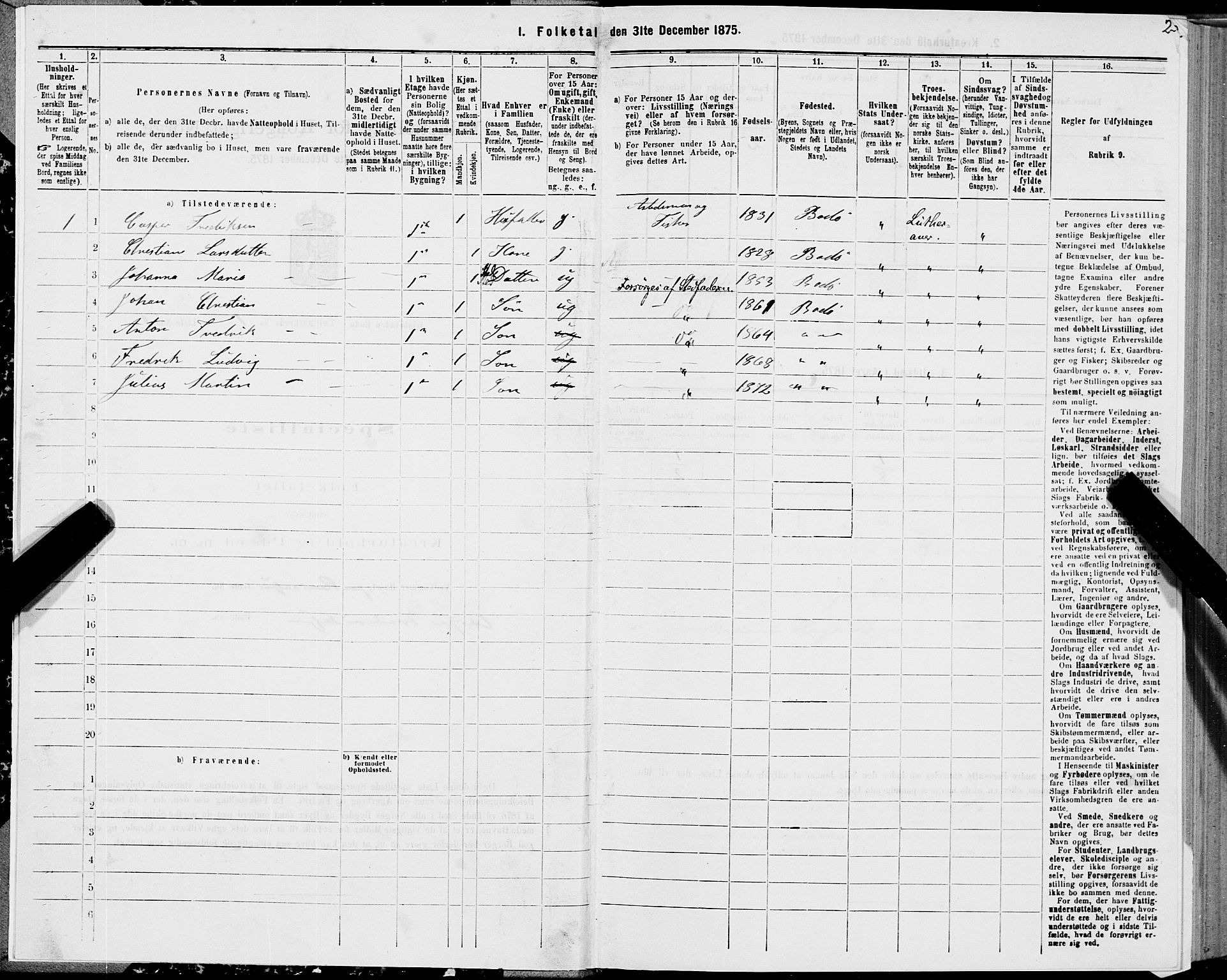 SAT, 1875 census for 1804B Bodø/Bodø, 1875, p. 2