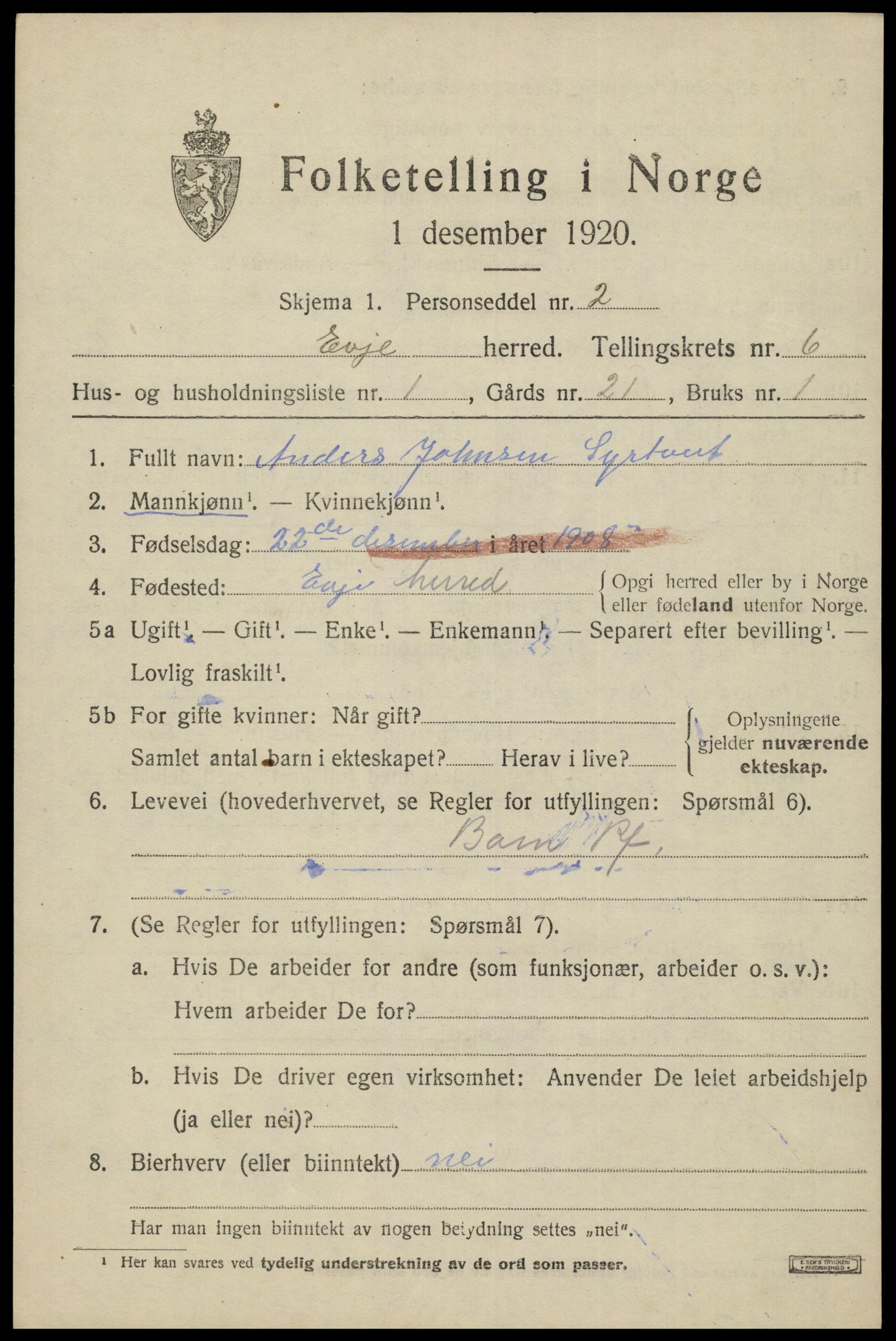 SAK, 1920 census for Evje, 1920, p. 2094