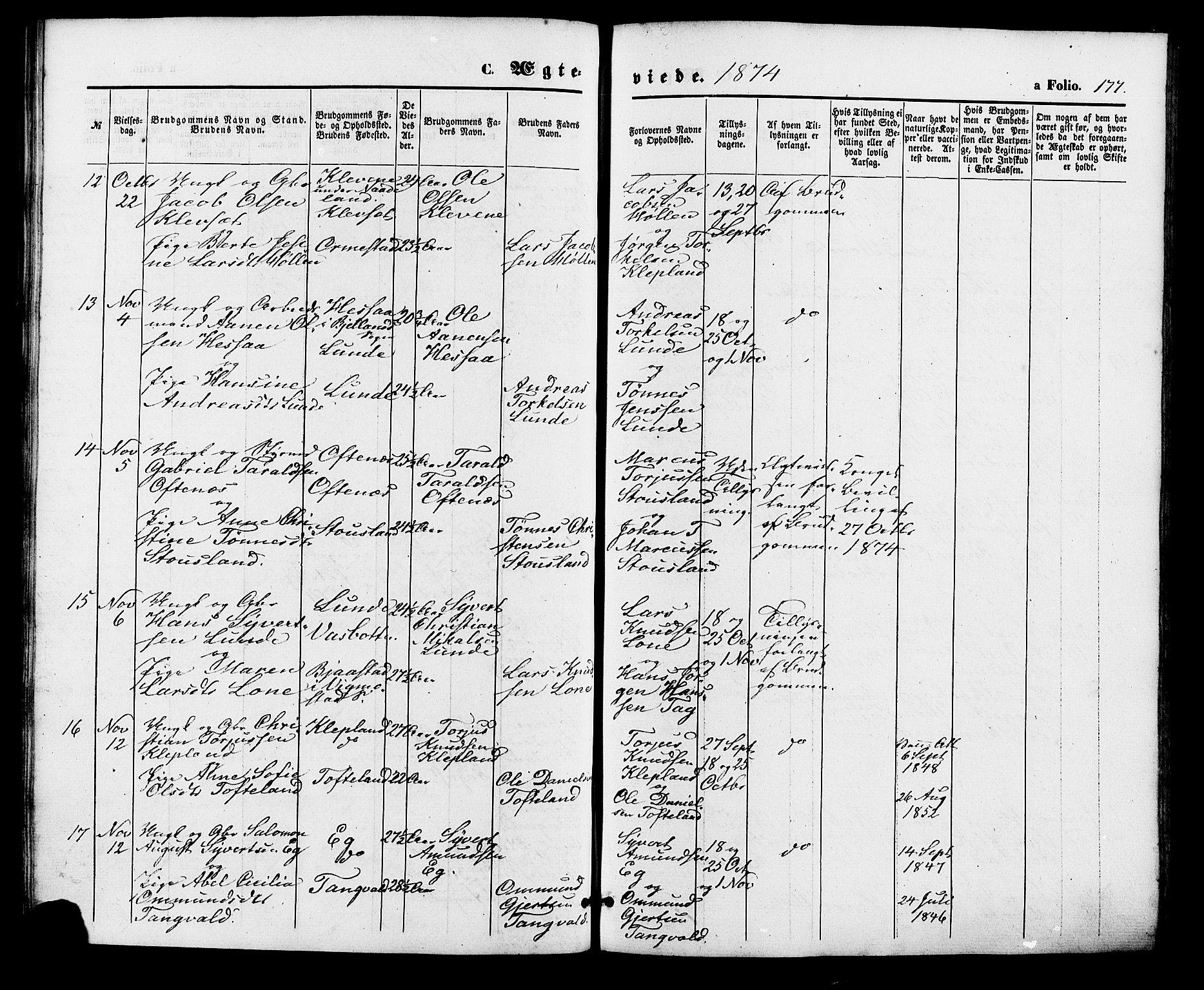 Søgne sokneprestkontor, SAK/1111-0037/F/Fa/Fab/L0011: Parish register (official) no. A 11, 1869-1879, p. 177