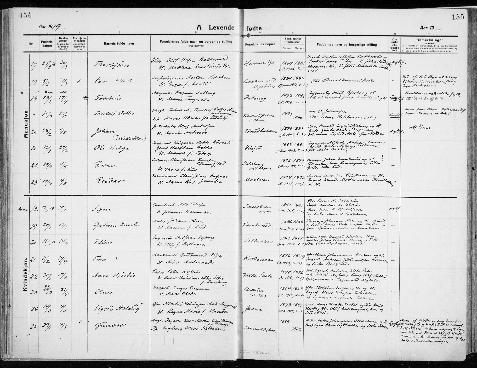Ringsaker prestekontor, AV/SAH-PREST-014/K/Ka/L0020: Parish register (official) no. 20, 1913-1922, p. 154-155