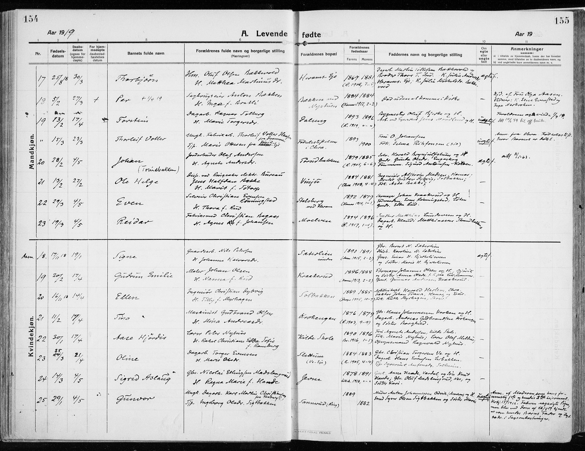 Ringsaker prestekontor, SAH/PREST-014/K/Ka/L0020: Parish register (official) no. 20, 1913-1922, p. 154-155