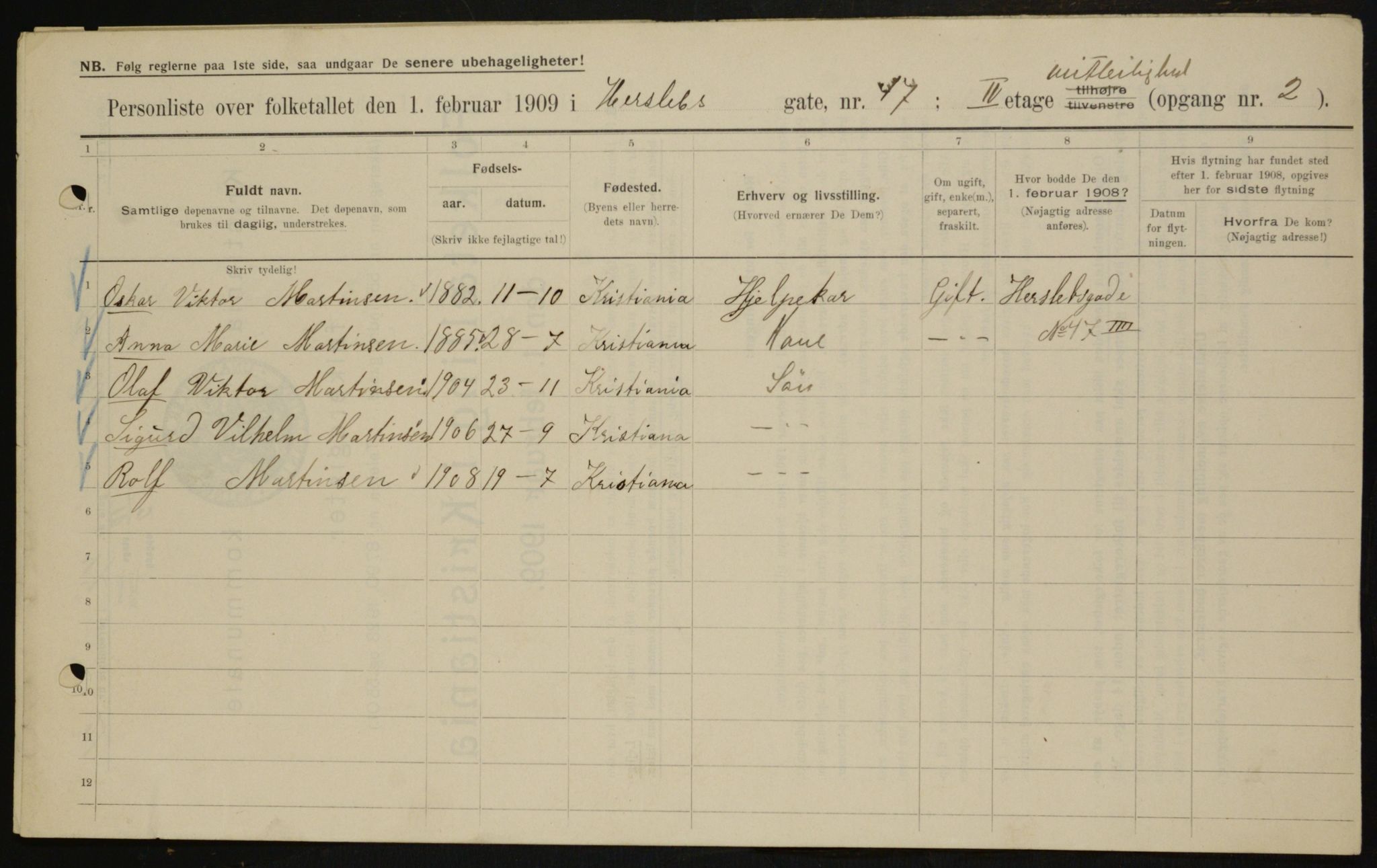 OBA, Municipal Census 1909 for Kristiania, 1909, p. 36083