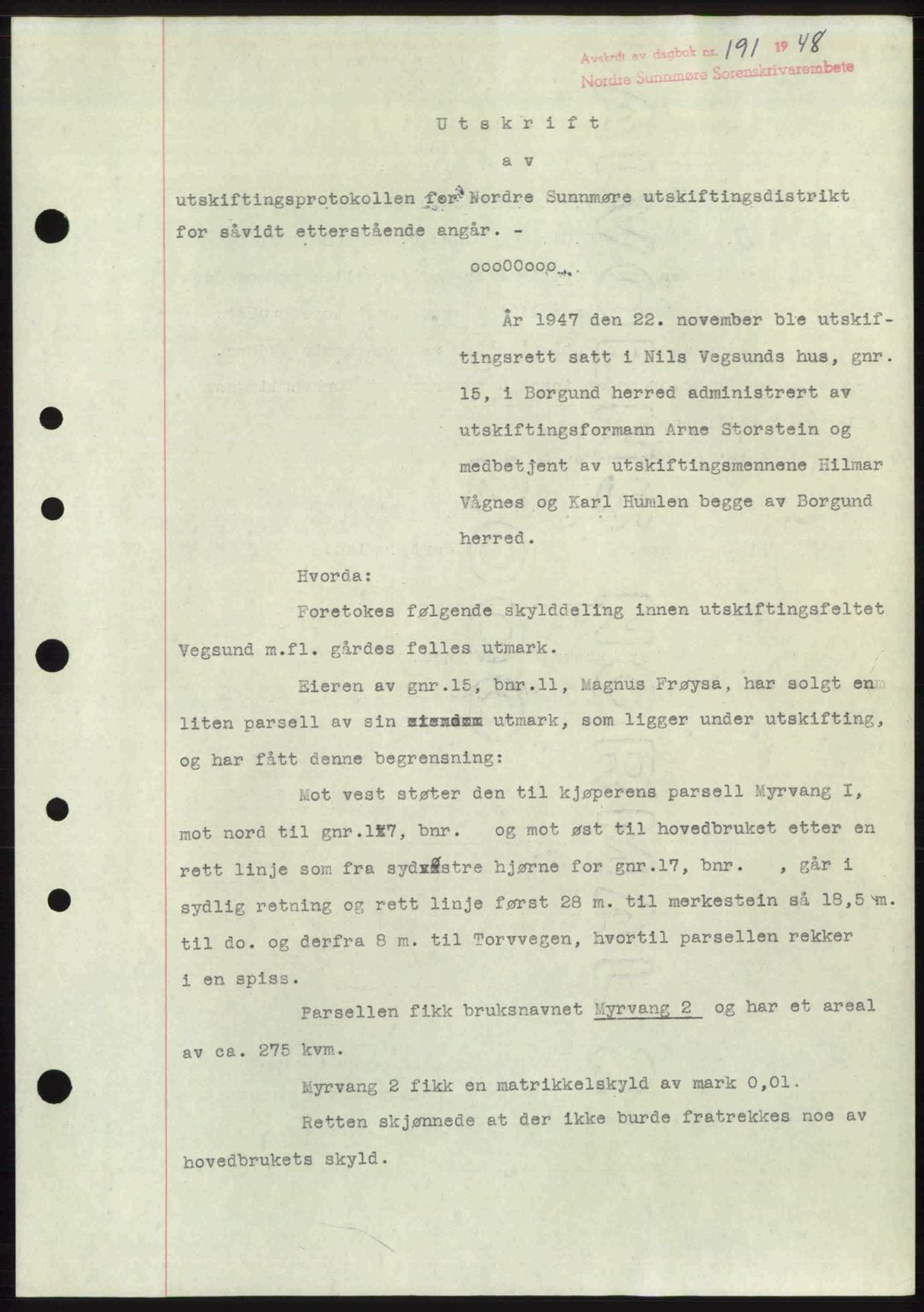 Nordre Sunnmøre sorenskriveri, AV/SAT-A-0006/1/2/2C/2Ca: Mortgage book no. A26, 1947-1948, Diary no: : 191/1948