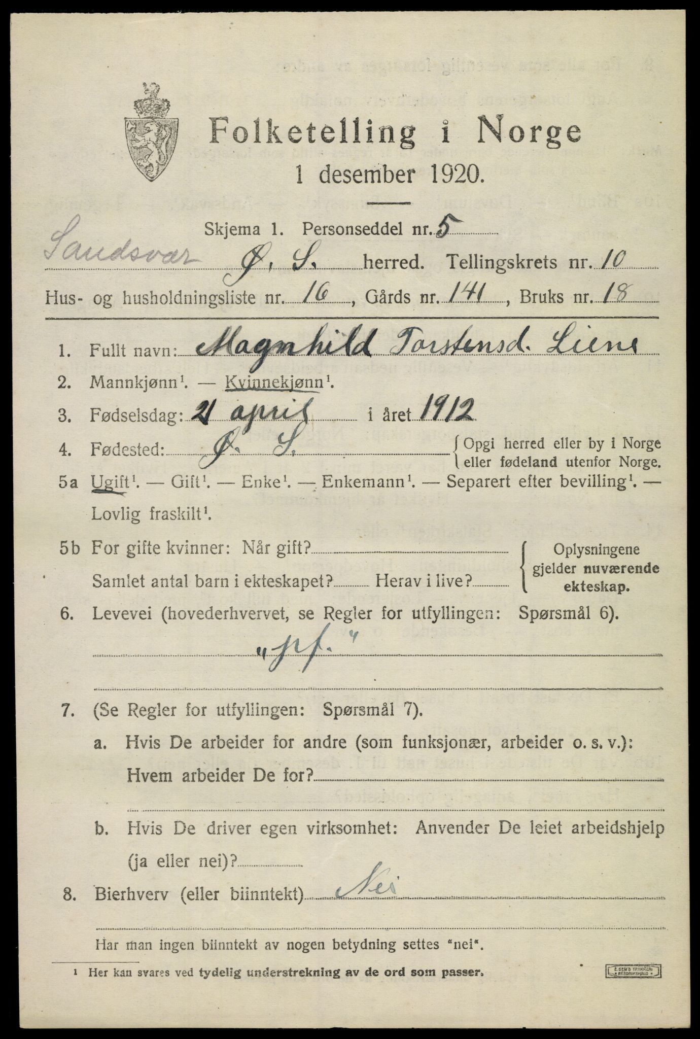 SAKO, 1920 census for Øvre Sandsvær, 1920, p. 5726