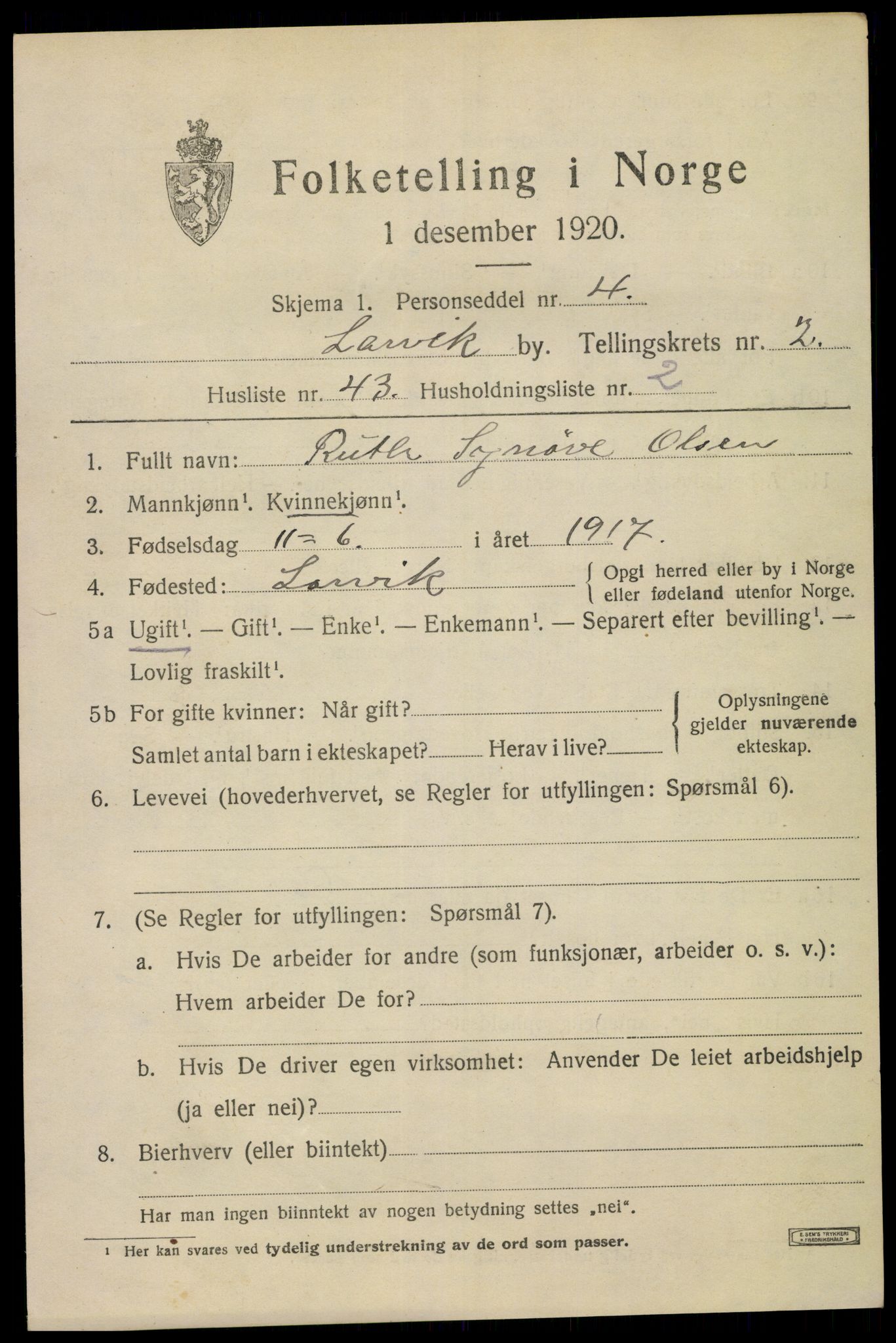 SAKO, 1920 census for Larvik, 1920, p. 9284