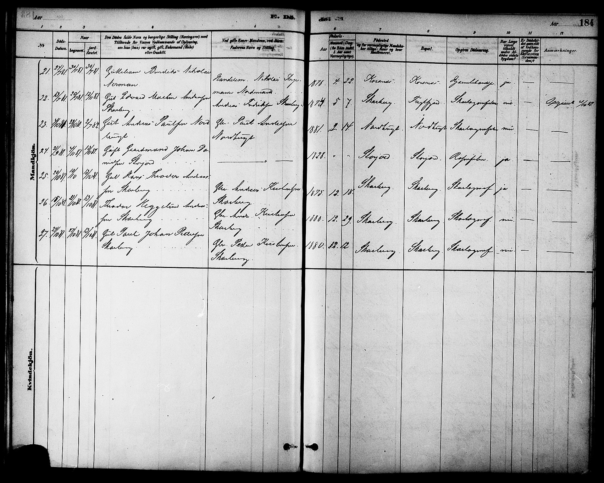 Ministerialprotokoller, klokkerbøker og fødselsregistre - Nordland, AV/SAT-A-1459/861/L0868: Parish register (official) no. 861A03, 1879-1889, p. 184