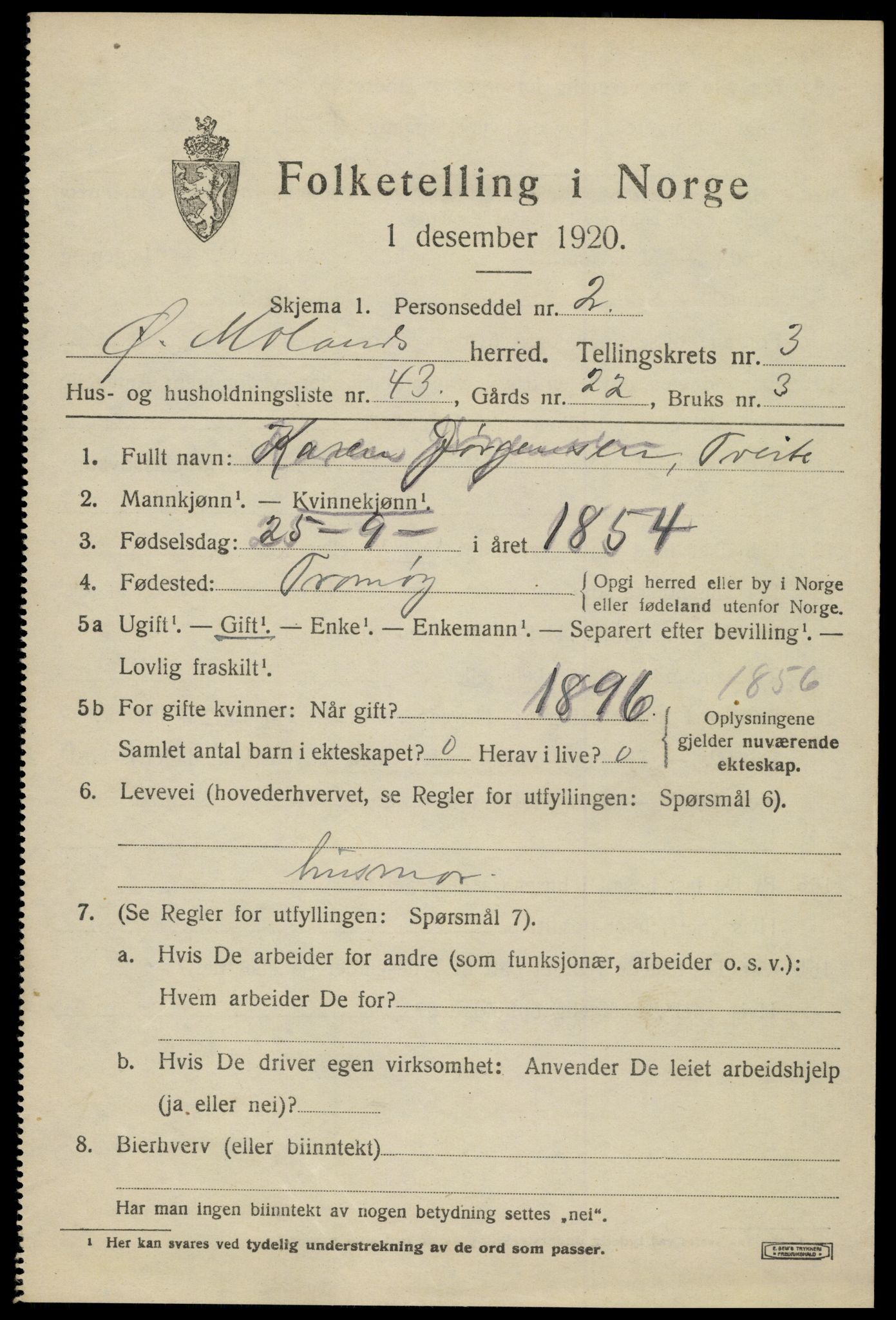 SAK, 1920 census for Austre Moland, 1920, p. 2049