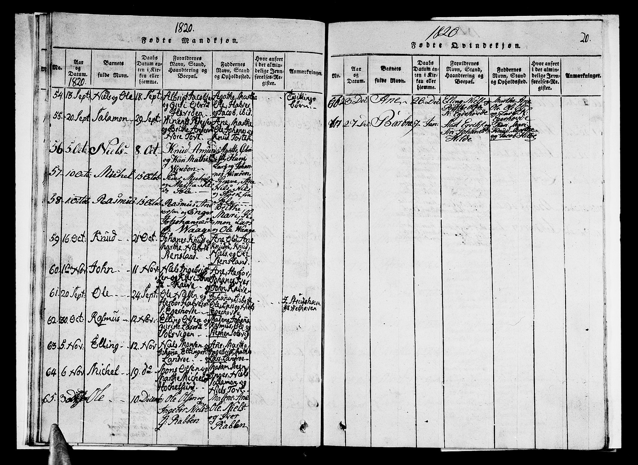 Sund sokneprestembete, AV/SAB-A-99930: Parish register (copy) no. A 1, 1816-1827, p. 20