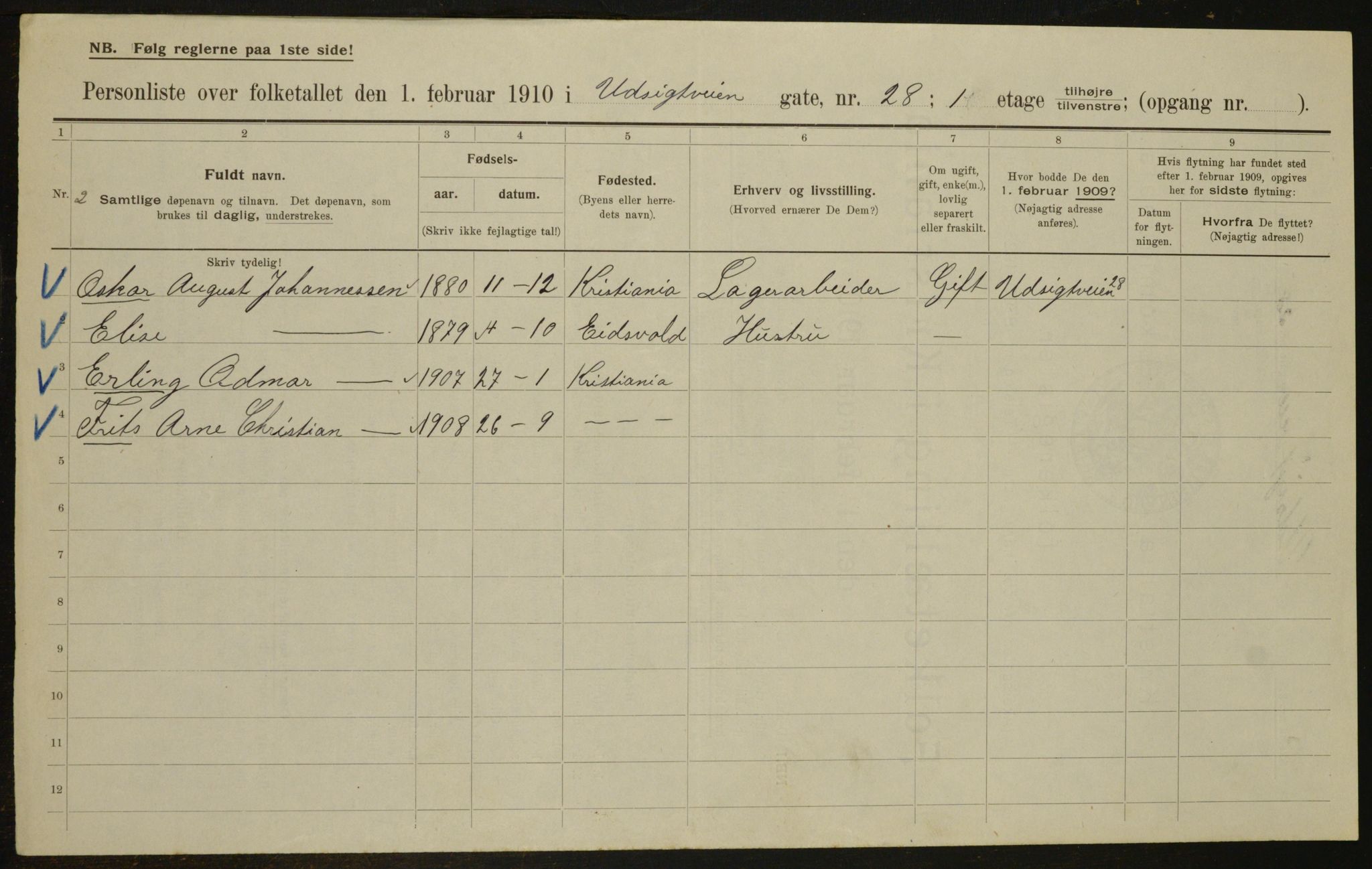 OBA, Municipal Census 1910 for Kristiania, 1910, p. 115062