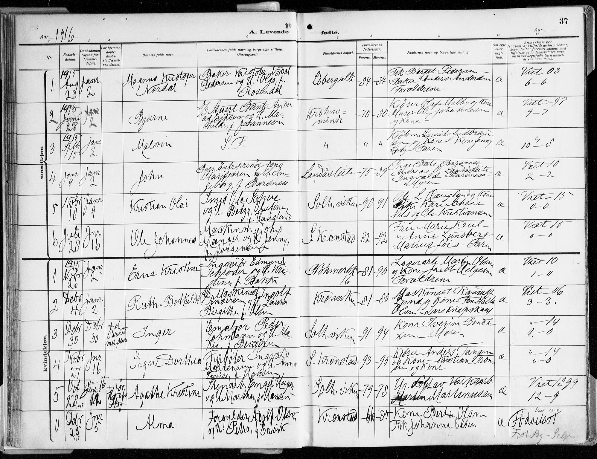 Årstad Sokneprestembete, SAB/A-79301/H/Haa/L0003: Parish register (official) no. A 3, 1914-1919, p. 37