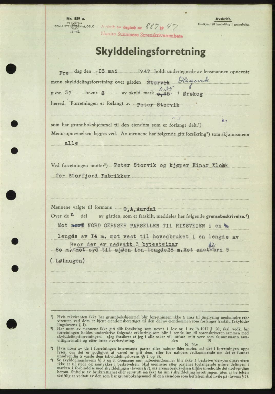 Nordre Sunnmøre sorenskriveri, AV/SAT-A-0006/1/2/2C/2Ca: Mortgage book no. A24, 1947-1947, Diary no: : 887/1947