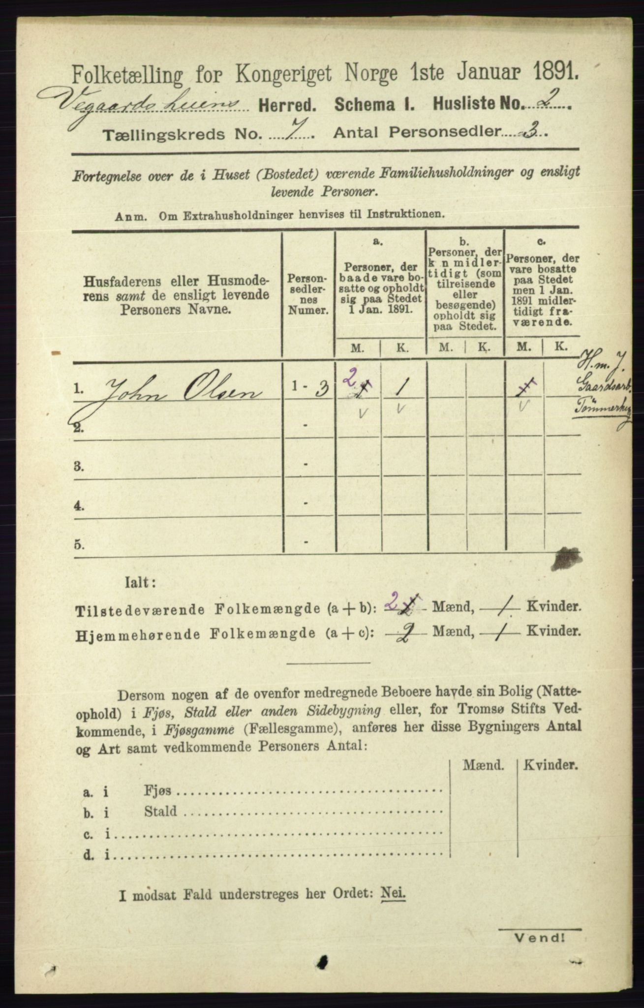 RA, 1891 census for 0912 Vegårshei, 1891, p. 1312