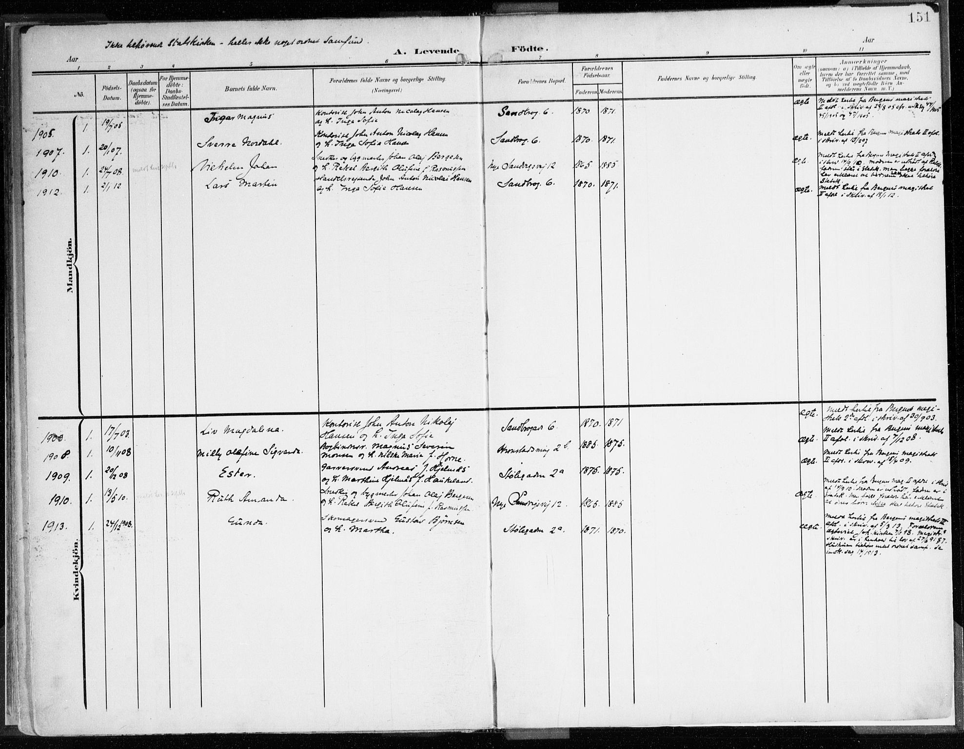 Mariakirken Sokneprestembete, SAB/A-76901/H/Haa/L0010: Parish register (official) no. B 1, 1901-1915, p. 151