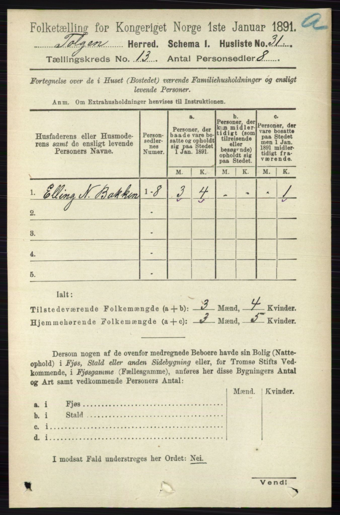 RA, 1891 census for 0436 Tolga, 1891, p. 3876