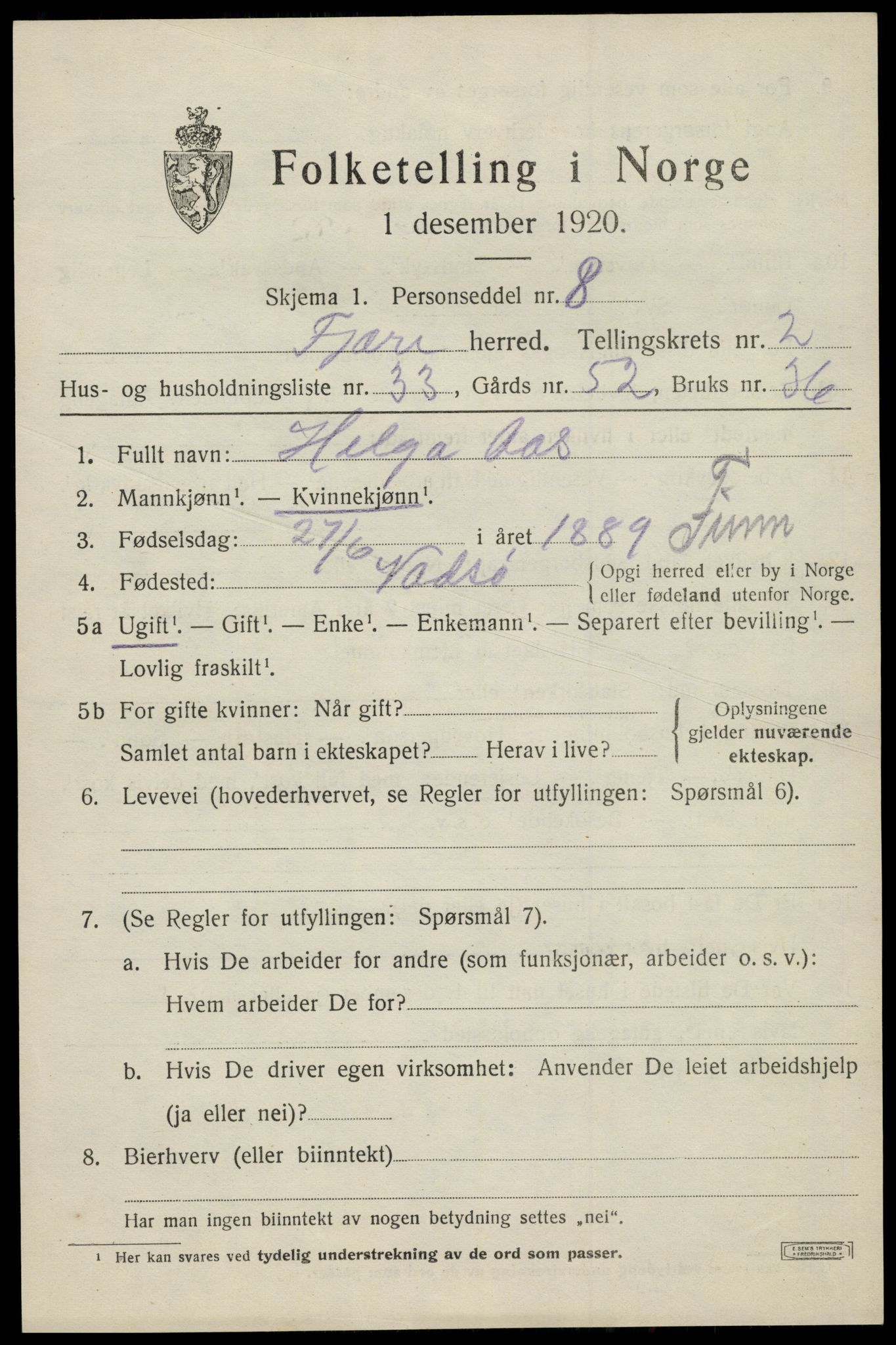 SAK, 1920 census for Fjære, 1920, p. 3627