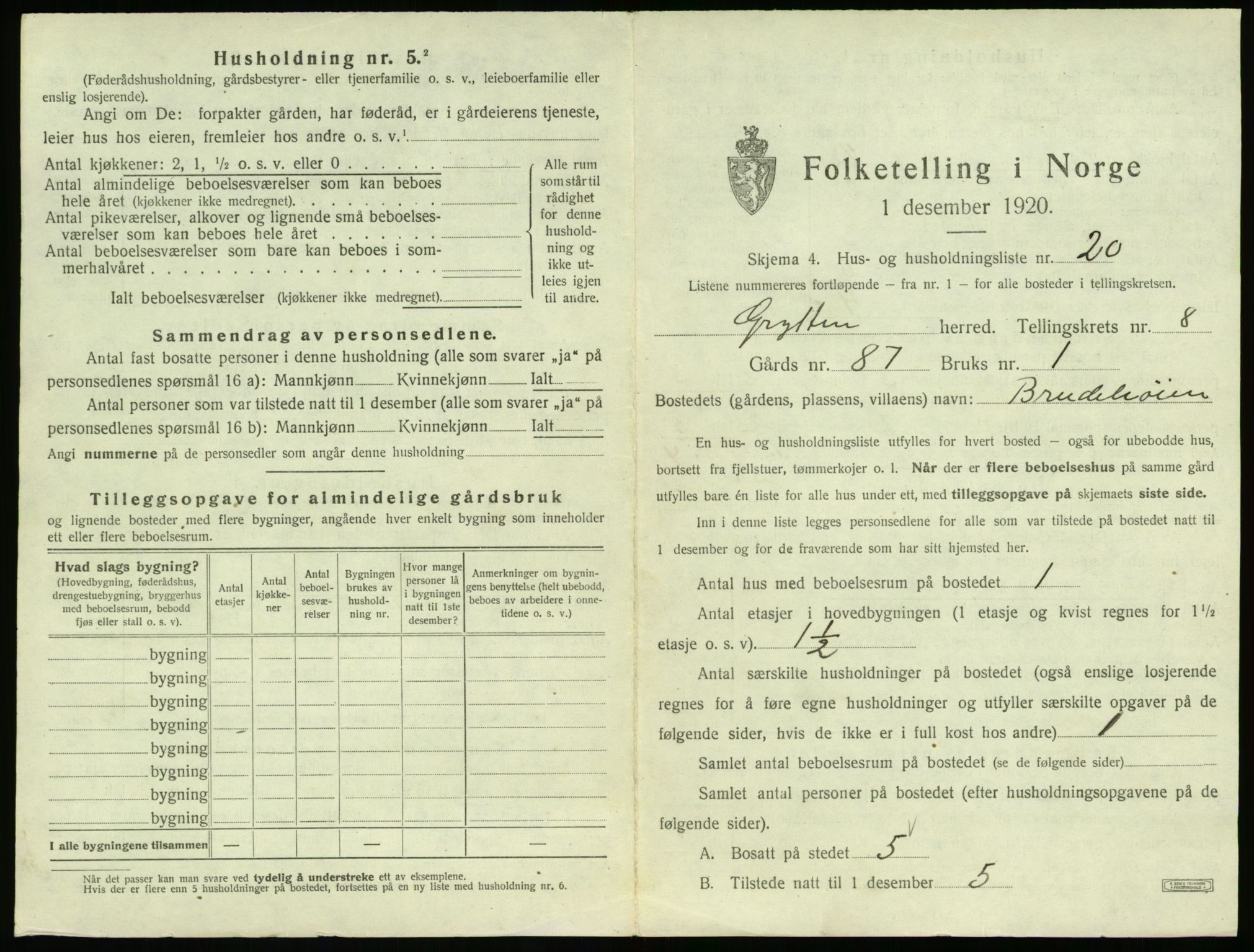 SAT, 1920 census for Grytten, 1920, p. 828