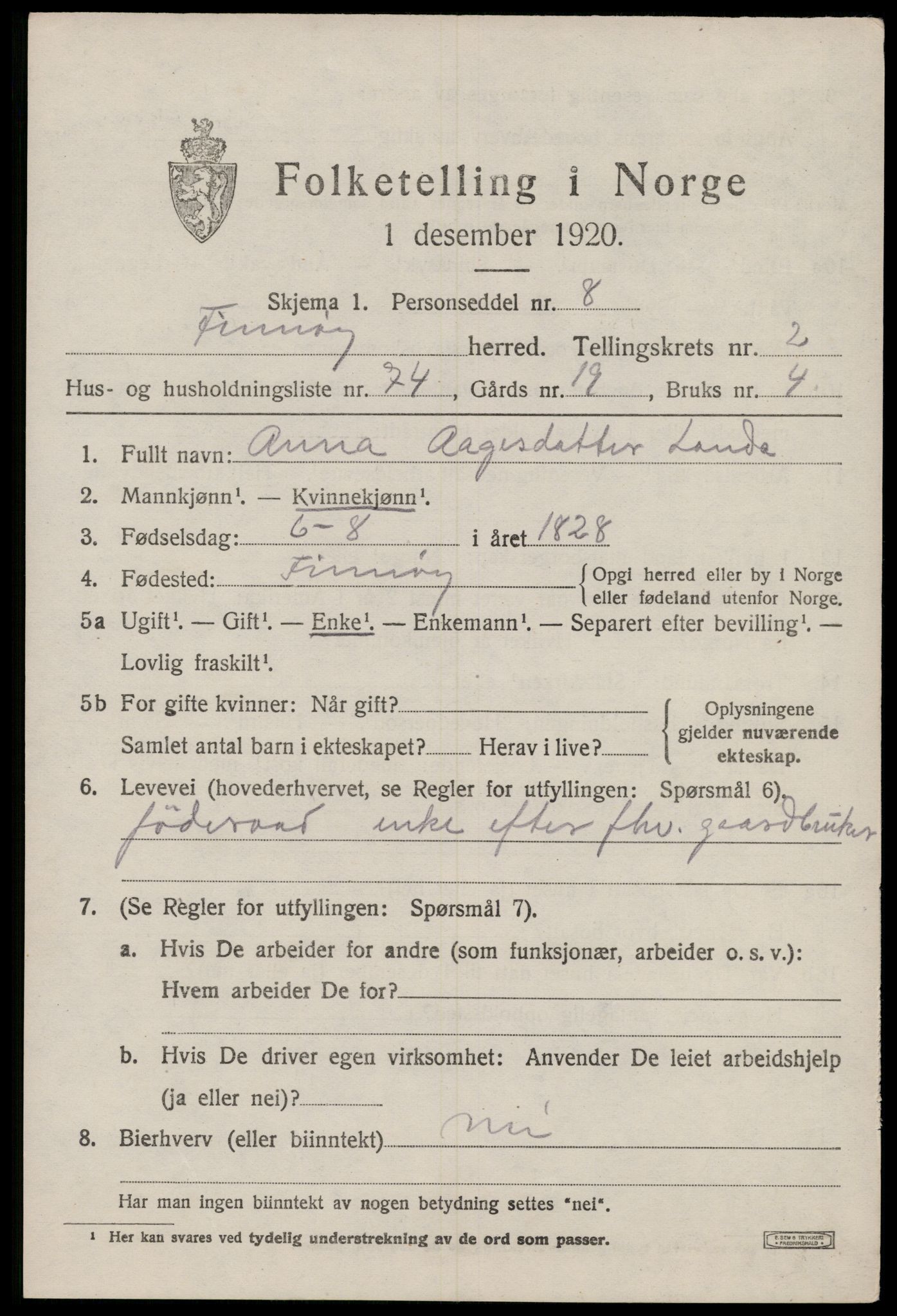 SAST, 1920 census for Finnøy, 1920, p. 2164