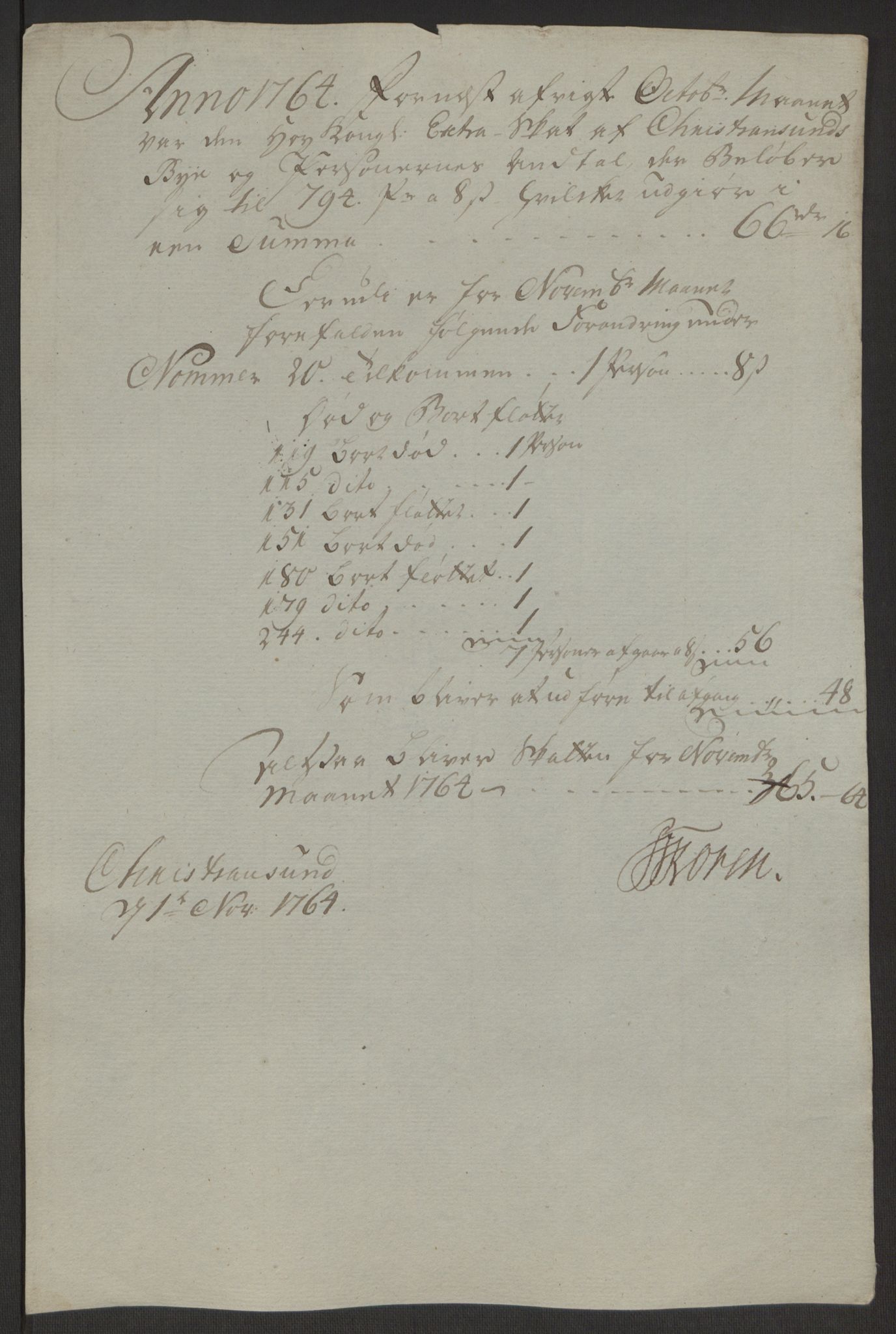 Rentekammeret inntil 1814, Reviderte regnskaper, Byregnskaper, AV/RA-EA-4066/R/Rr/L0495/0004: [R1] Kontribusjonsregnskap / Ekstraskatt, 1762-1772, p. 46