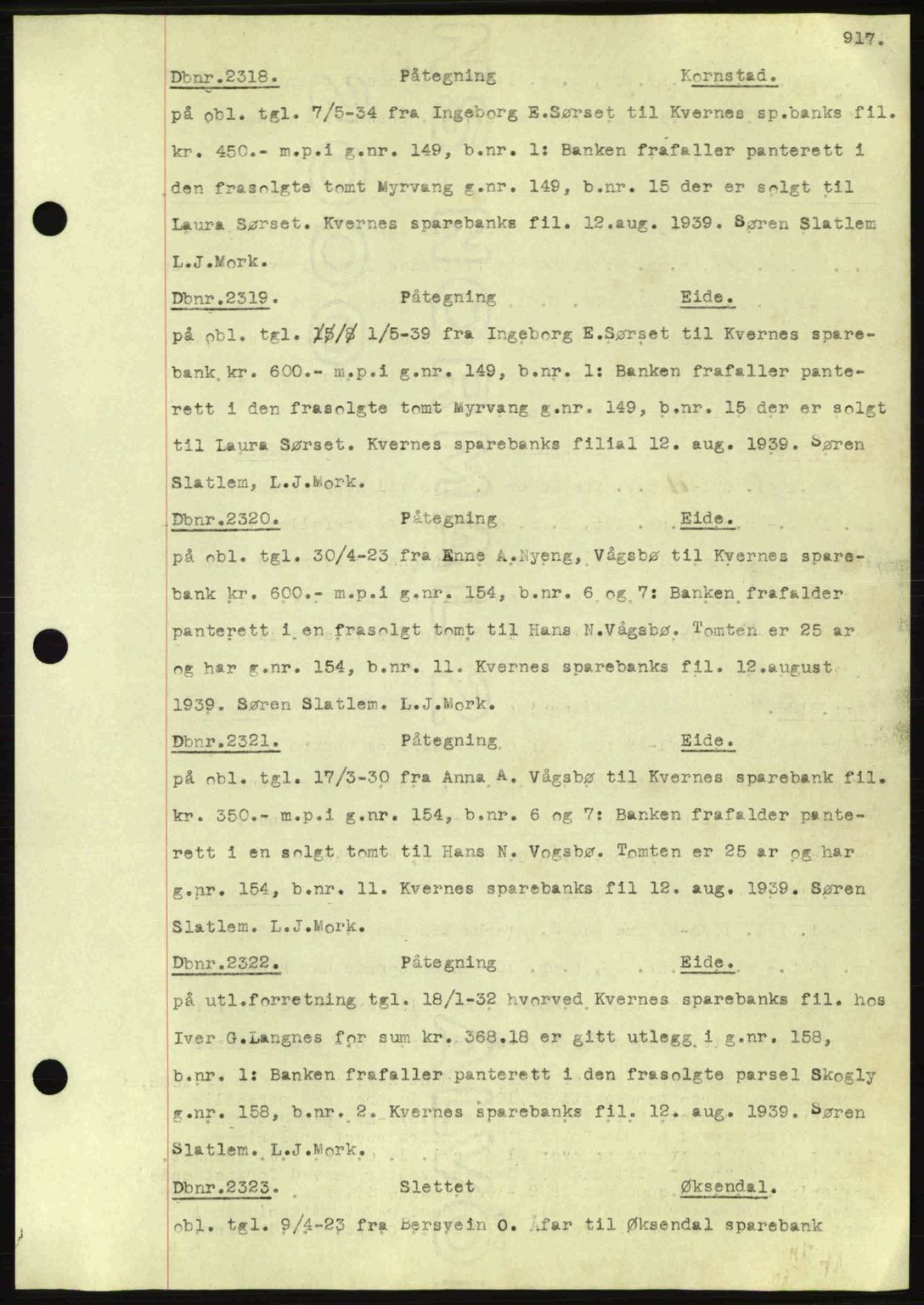 Nordmøre sorenskriveri, AV/SAT-A-4132/1/2/2Ca: Mortgage book no. C80, 1936-1939, Diary no: : 2318/1939