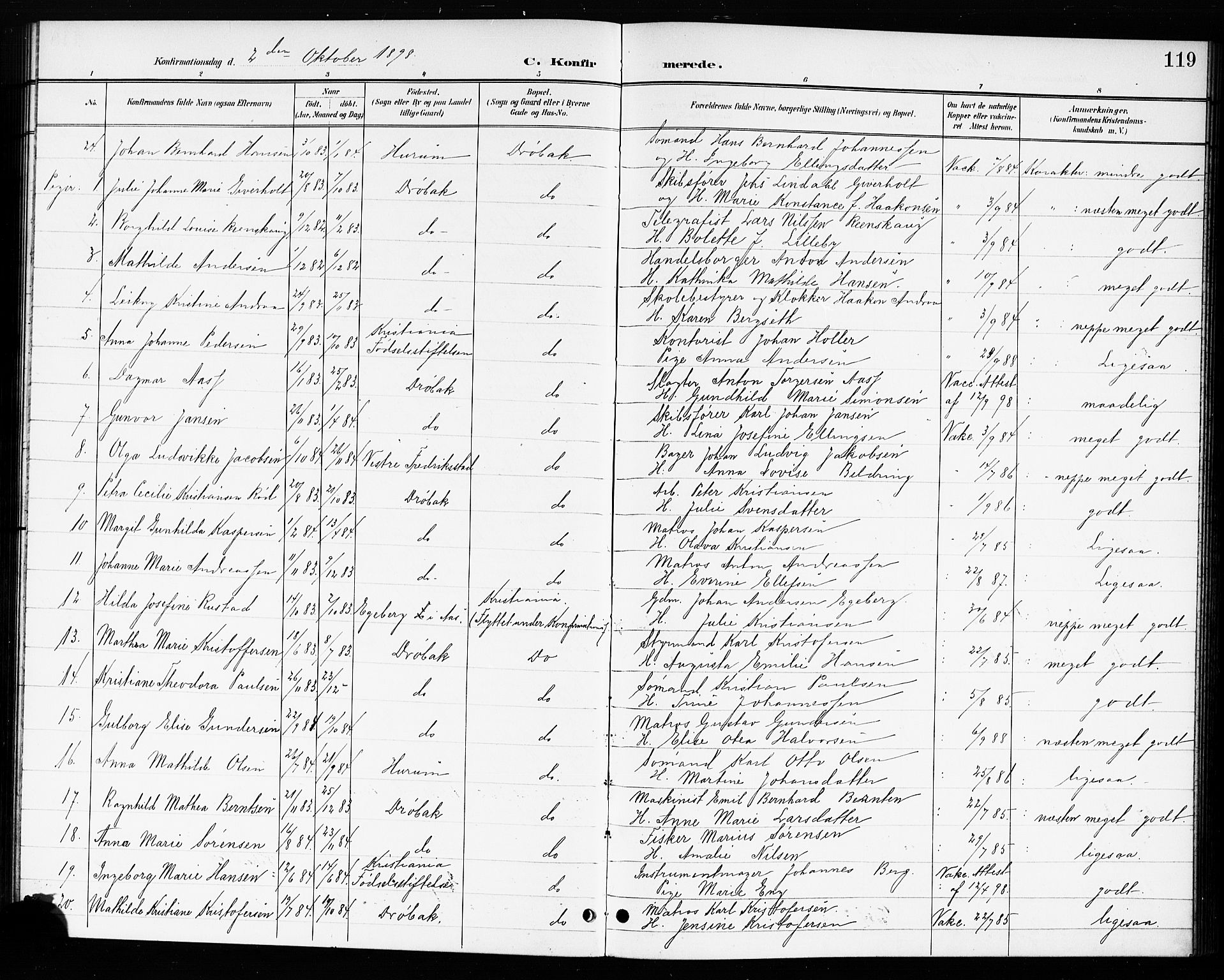 Drøbak prestekontor Kirkebøker, SAO/A-10142a/G/Ga/L0001: Parish register (copy) no. I 1, 1897-1917, p. 119