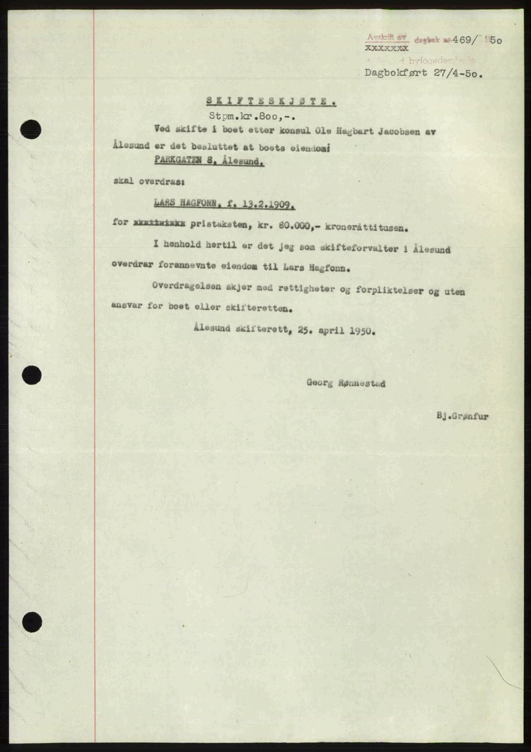 Ålesund byfogd, AV/SAT-A-4384: Mortgage book no. 37A (2), 1949-1950, Diary no: : 469/1950