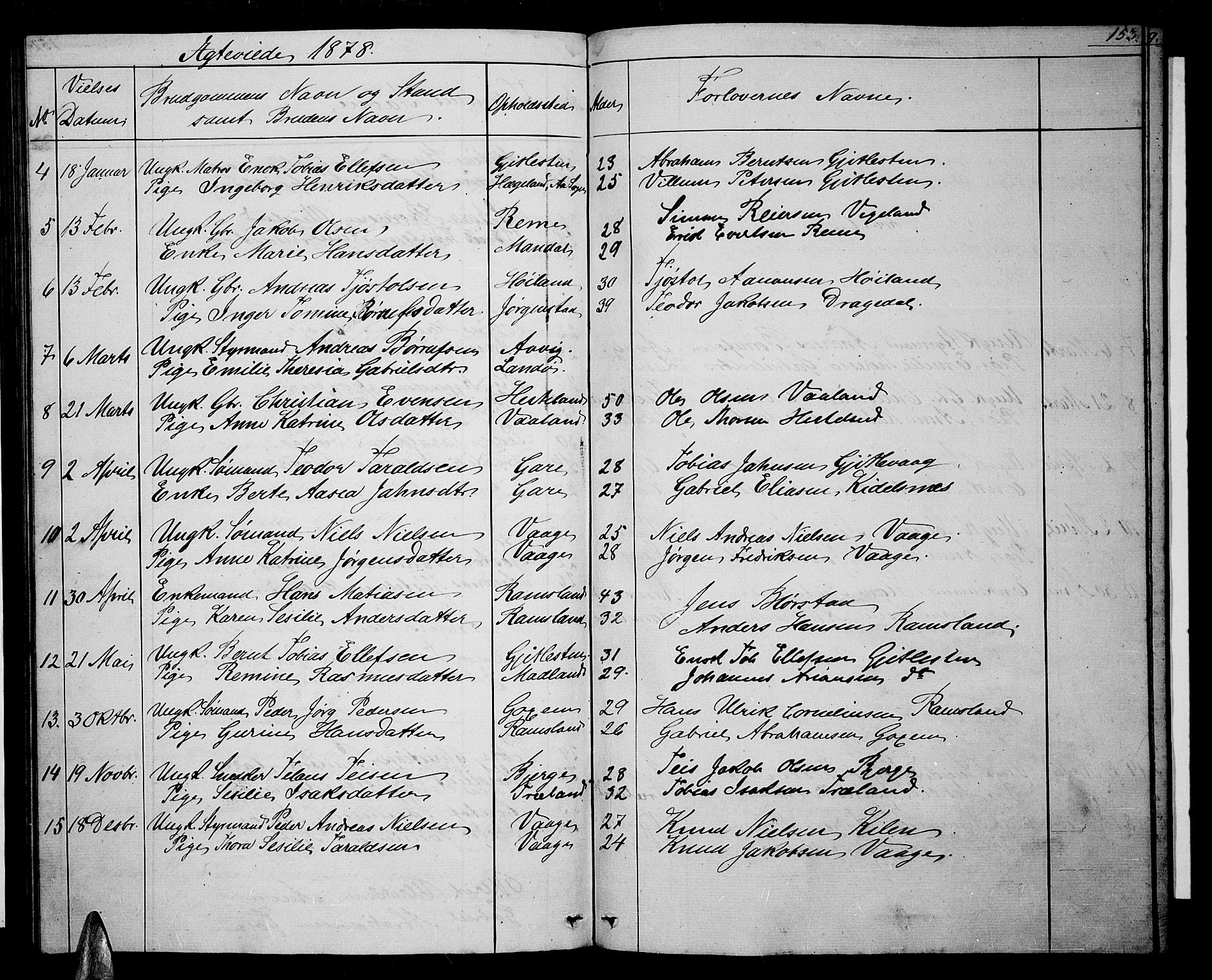 Sør-Audnedal sokneprestkontor, SAK/1111-0039/F/Fb/Fba/L0002: Parish register (copy) no. B 2, 1853-1878, p. 153