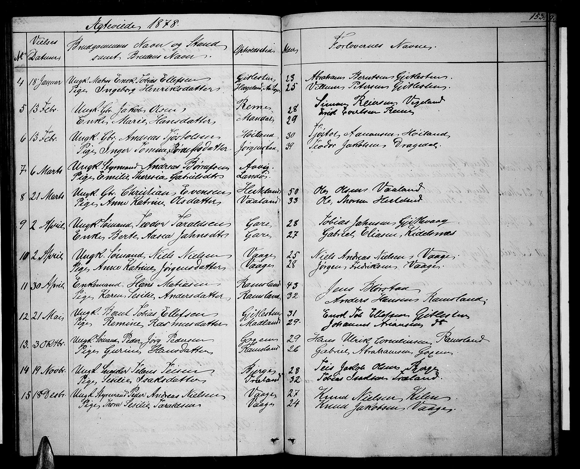 Sør-Audnedal sokneprestkontor, AV/SAK-1111-0039/F/Fb/Fba/L0002: Parish register (copy) no. B 2, 1853-1878, p. 153