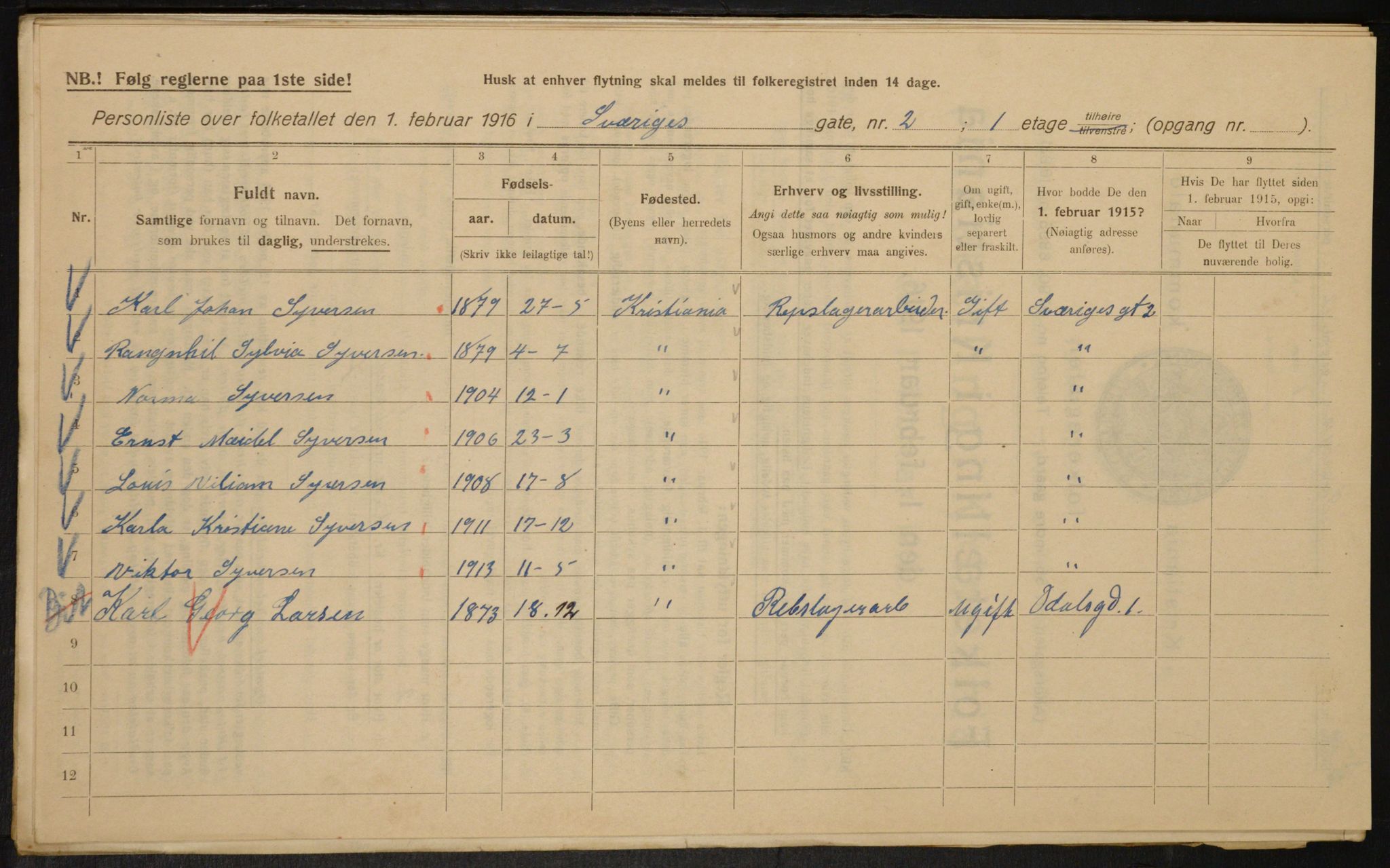 OBA, Municipal Census 1916 for Kristiania, 1916, p. 108738