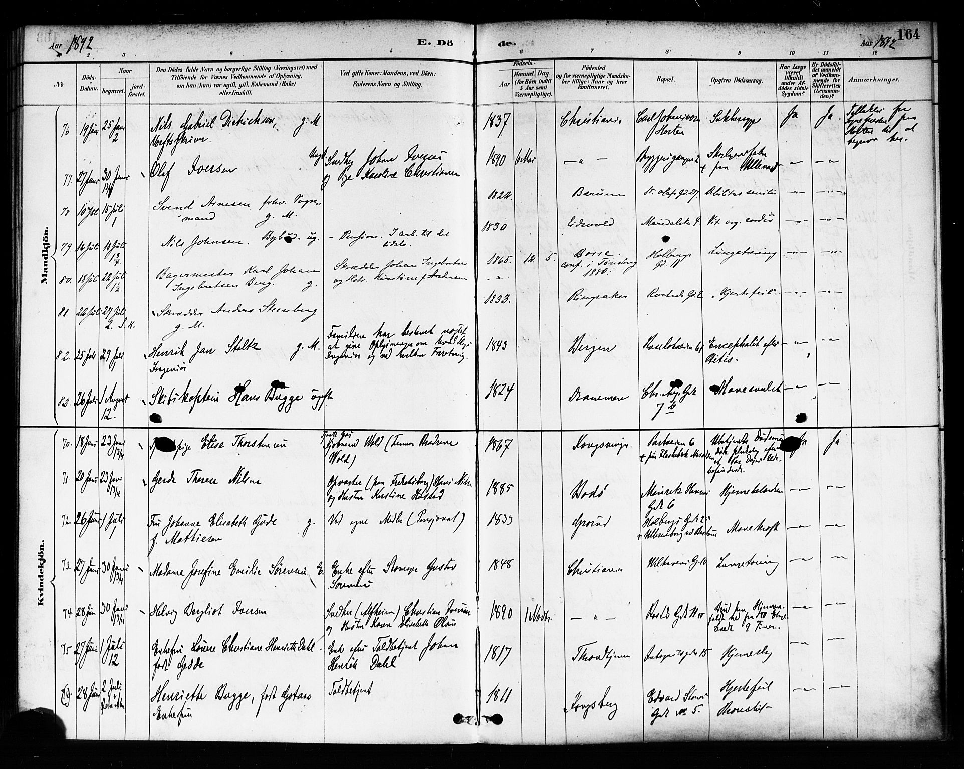 Trefoldighet prestekontor Kirkebøker, AV/SAO-A-10882/F/Fd/L0003: Parish register (official) no. IV 3, 1885-1896, p. 164