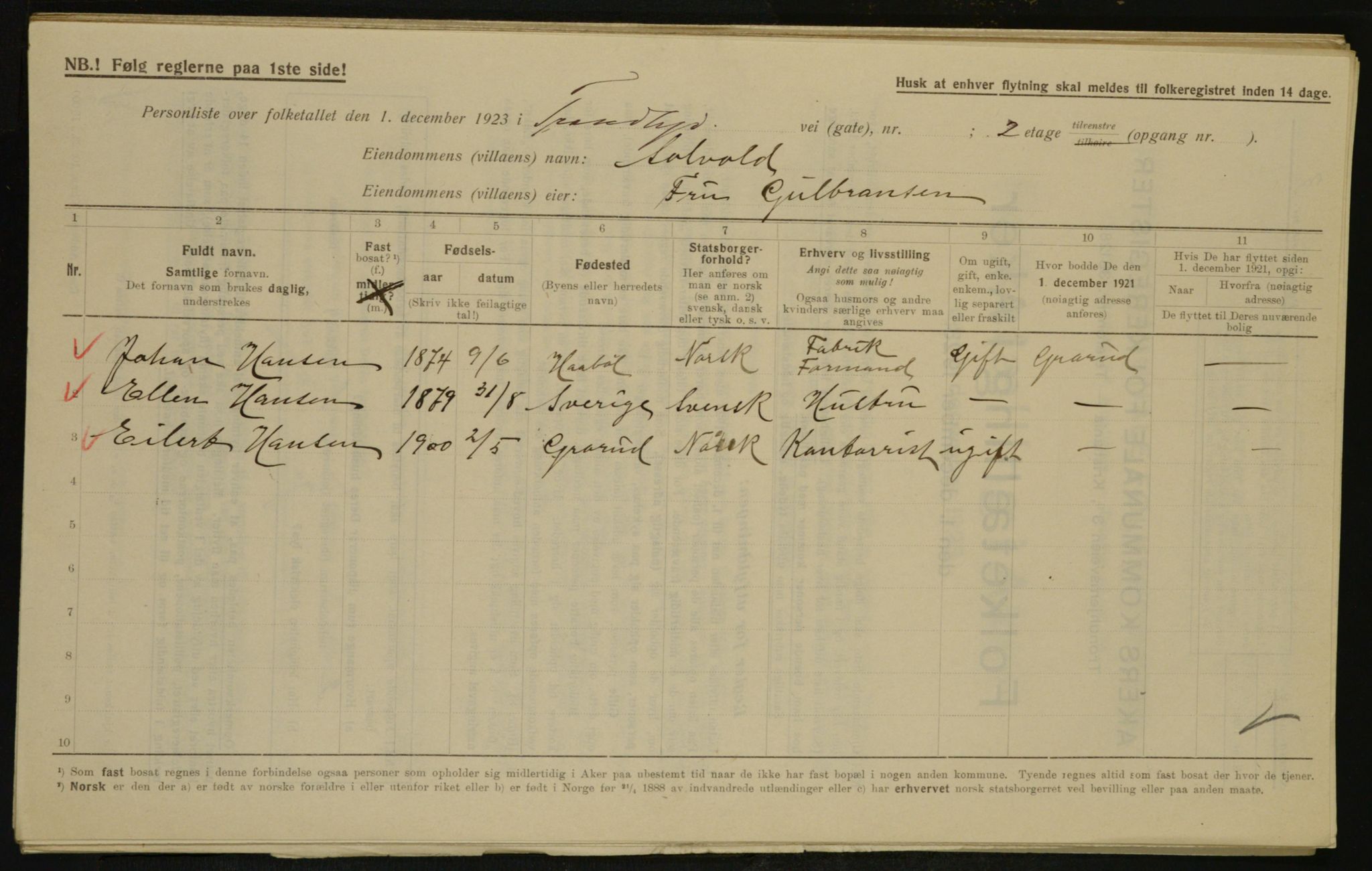 , Municipal Census 1923 for Aker, 1923, p. 33944