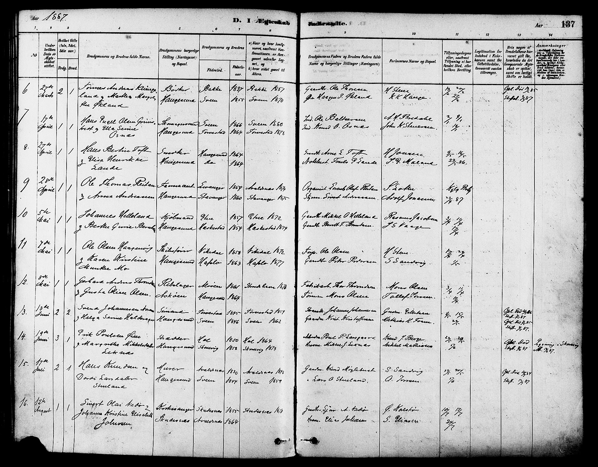 Haugesund sokneprestkontor, AV/SAST-A -101863/H/Ha/Haa/L0003: Parish register (official) no. A 3, 1885-1890, p. 137