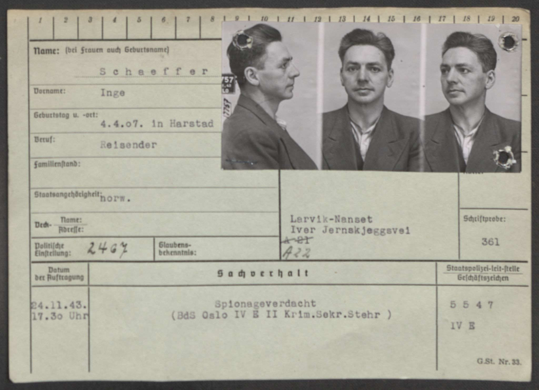 Befehlshaber der Sicherheitspolizei und des SD, RA/RAFA-5969/E/Ea/Eaa/L0009: Register over norske fanger i Møllergata 19: Ru-Sy, 1940-1945, p. 374