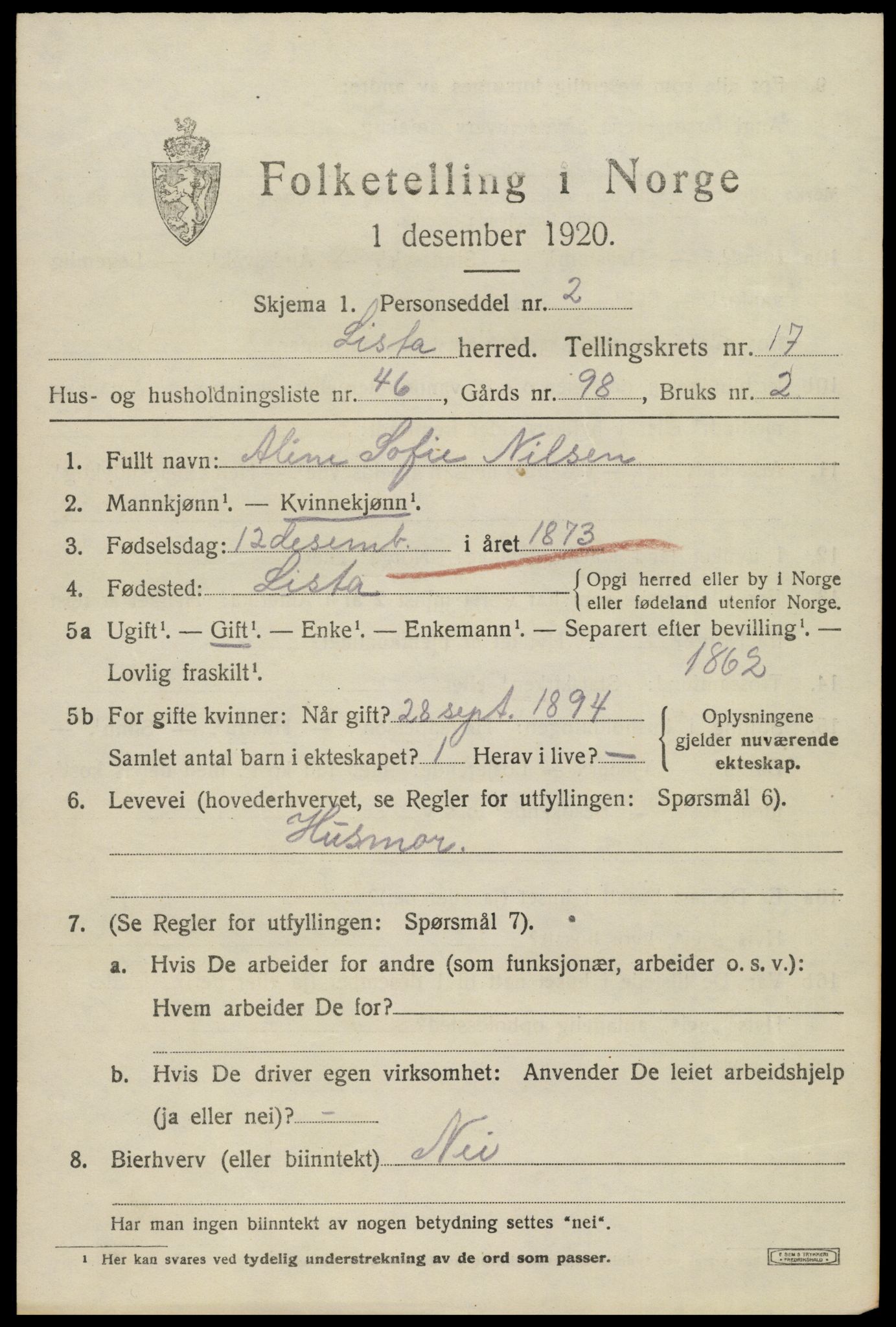 SAK, 1920 census for Lista, 1920, p. 13775