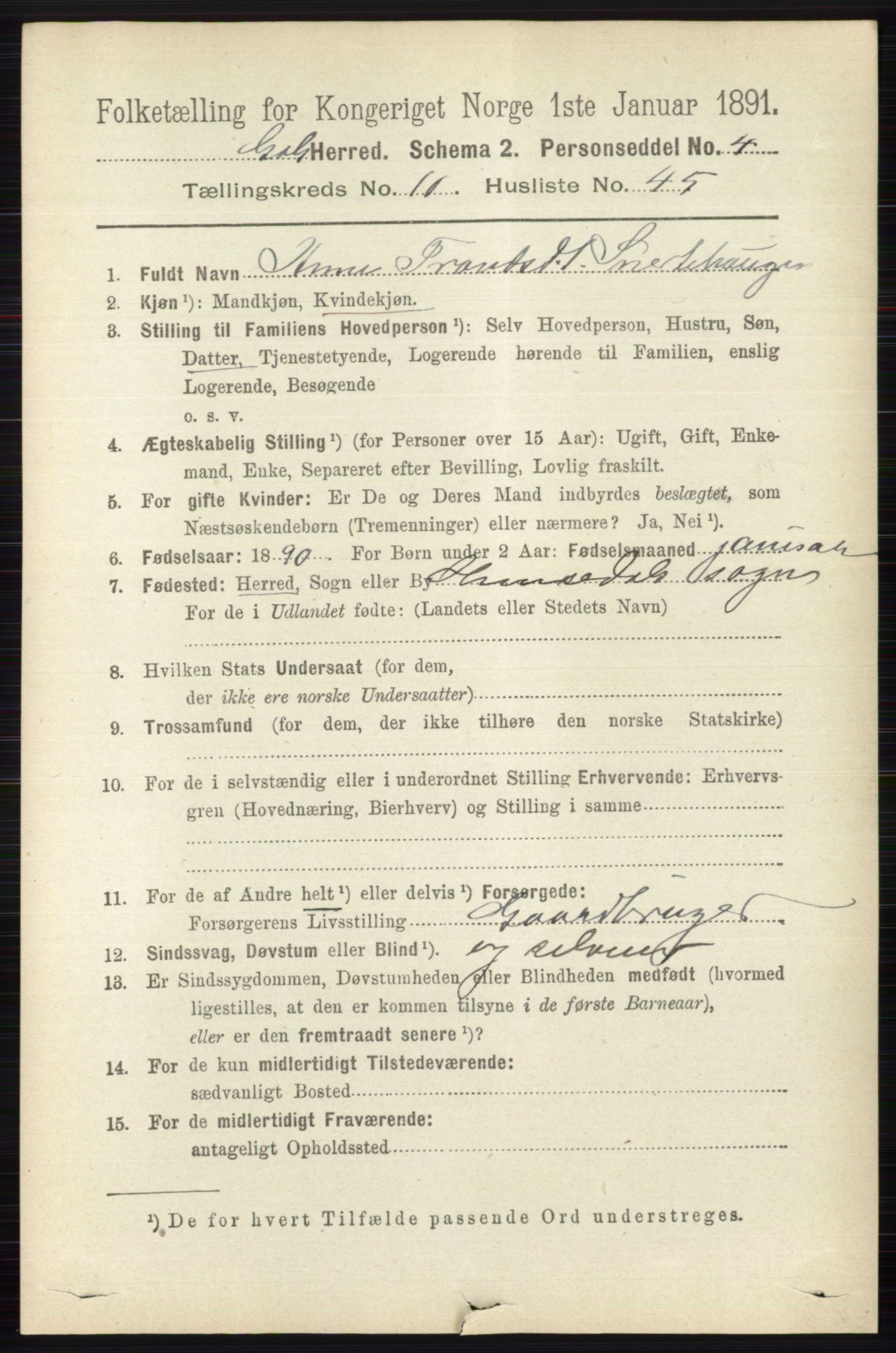 RA, 1891 census for 0617 Gol og Hemsedal, 1891, p. 4275