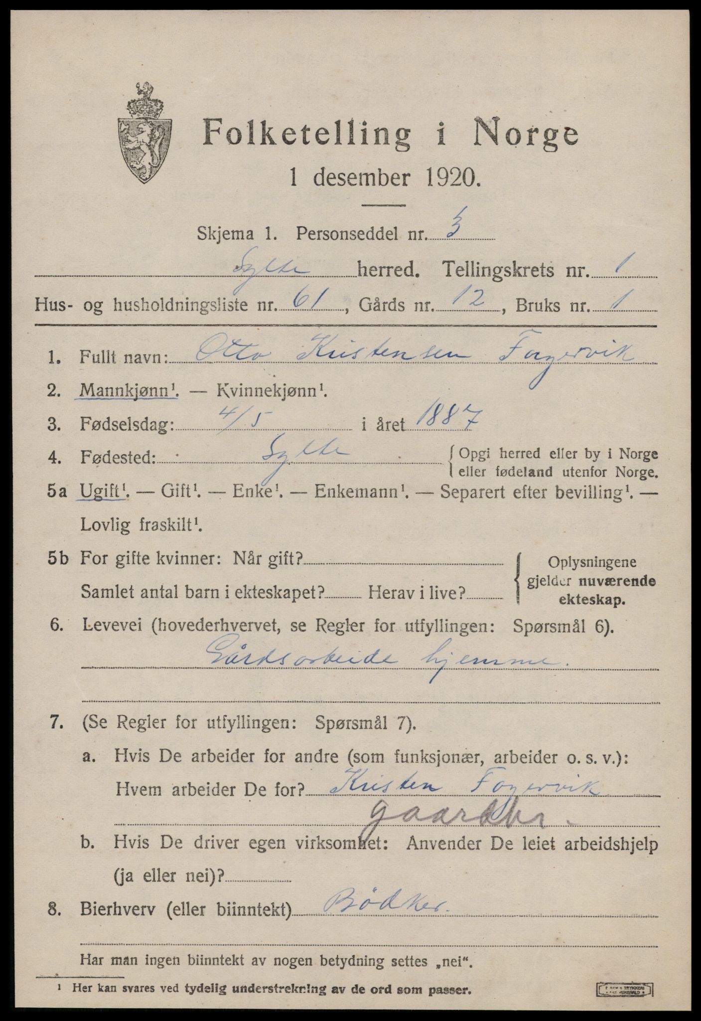 SAT, 1920 census for Sylte, 1920, p. 1171