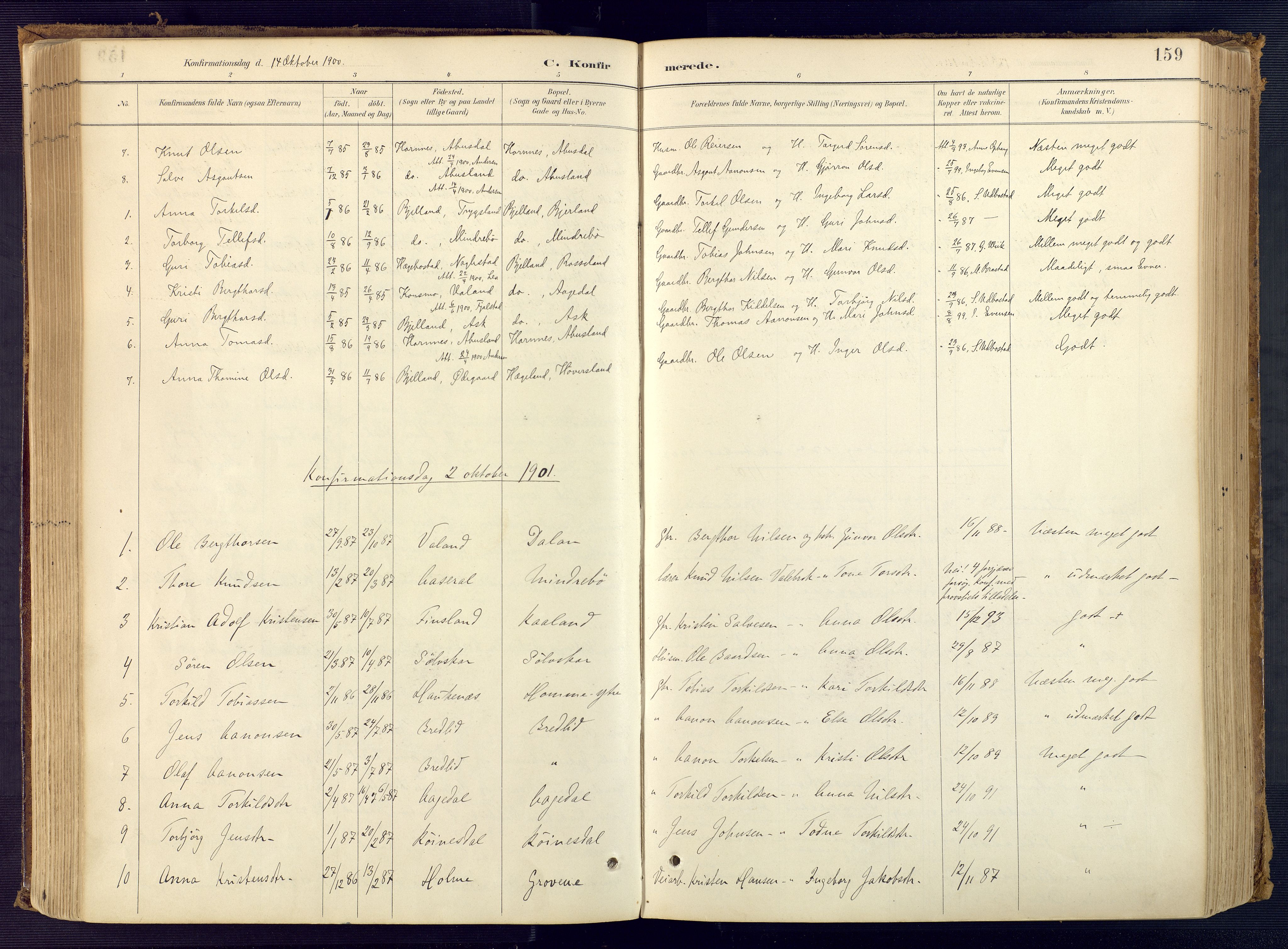 Bjelland sokneprestkontor, SAK/1111-0005/F/Fa/Faa/L0004: Parish register (official) no. A 4, 1887-1923, p. 159