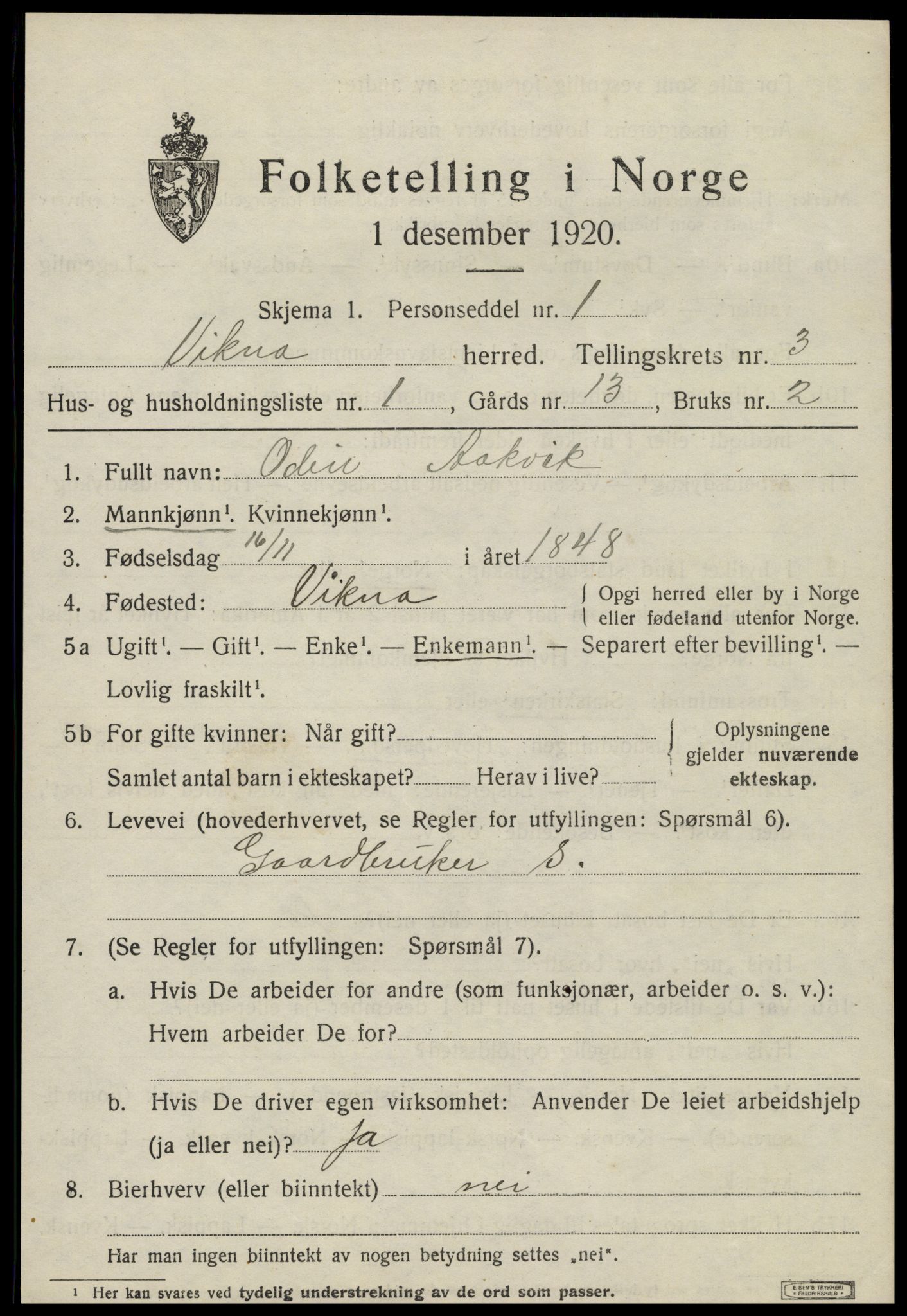 SAT, 1920 census for Vikna, 1920, p. 3263