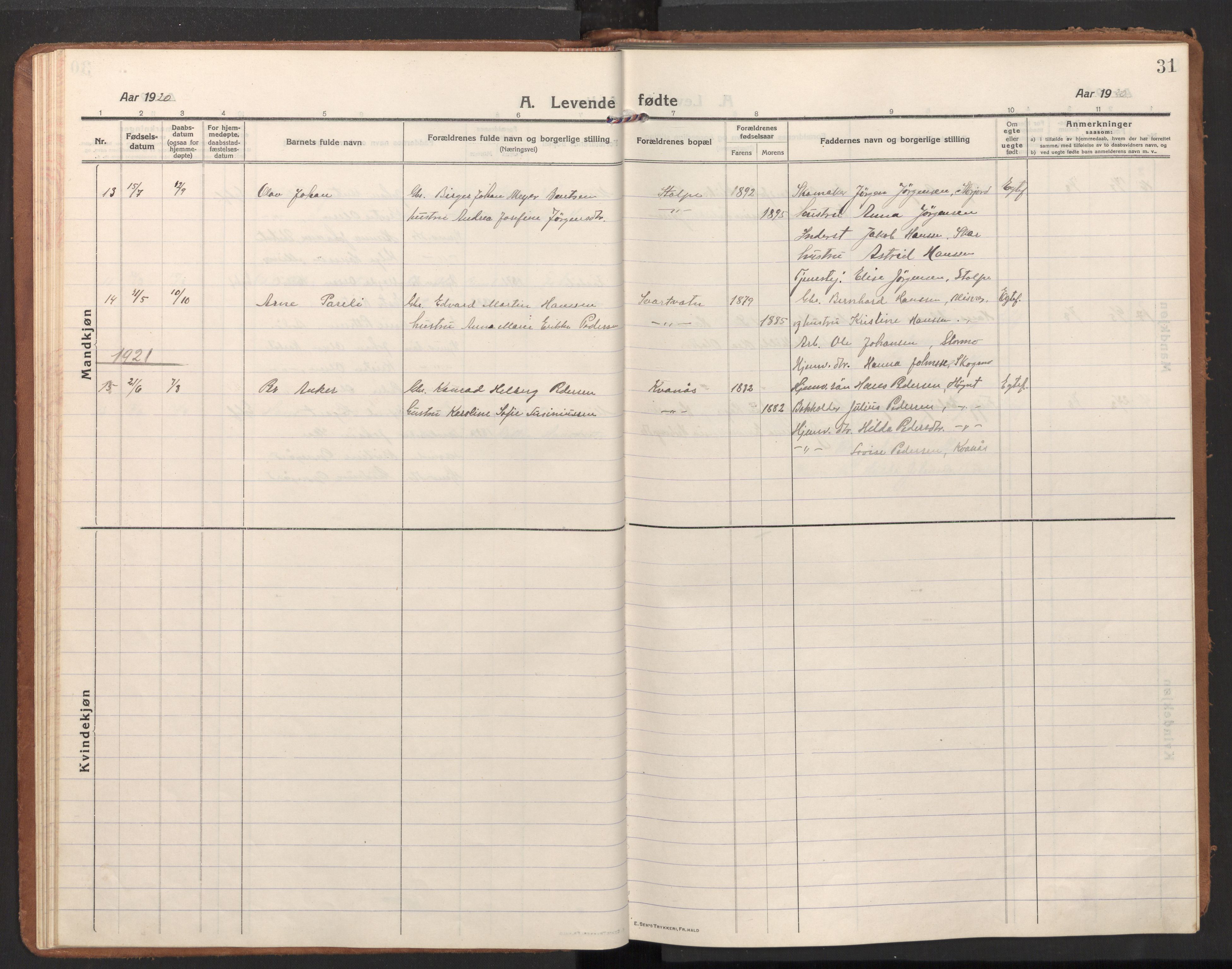 Ministerialprotokoller, klokkerbøker og fødselsregistre - Nordland, AV/SAT-A-1459/848/L0688: Parish register (official) no. 848A01, 1913-1935, p. 31