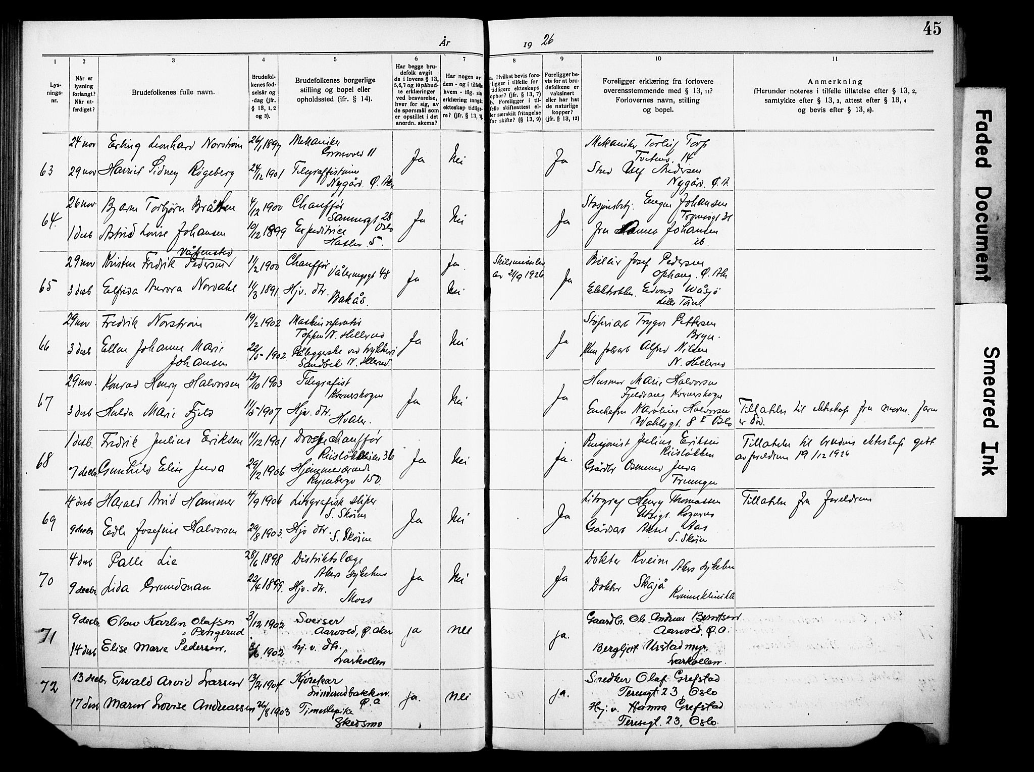 Østre Aker prestekontor Kirkebøker, AV/SAO-A-10840/H/Ha/L0007: Banns register no. I 7, 1919-1933, p. 45