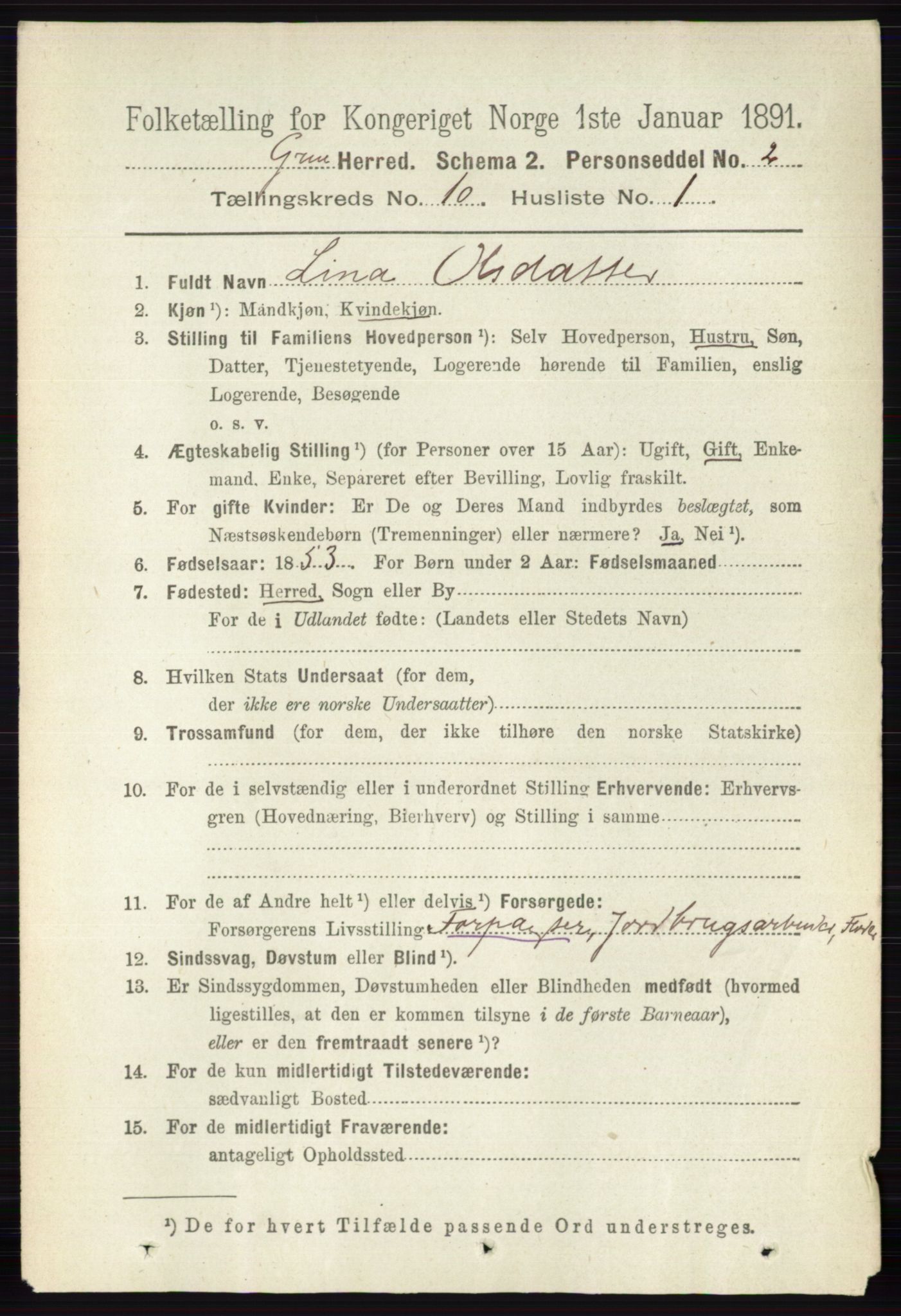 RA, 1891 census for 0423 Grue, 1891, p. 5364